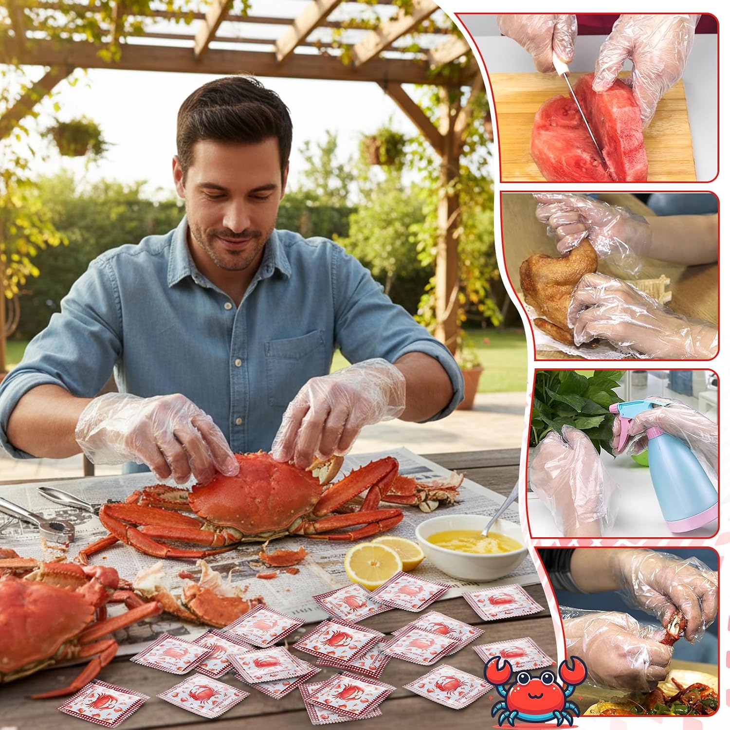 Chicingyou 100 Pcs Lobster Crab Disposable Gloves Plastic Crawfish Individually Wrapped Gloves for Seafood Boil Party Supplies (Crab)