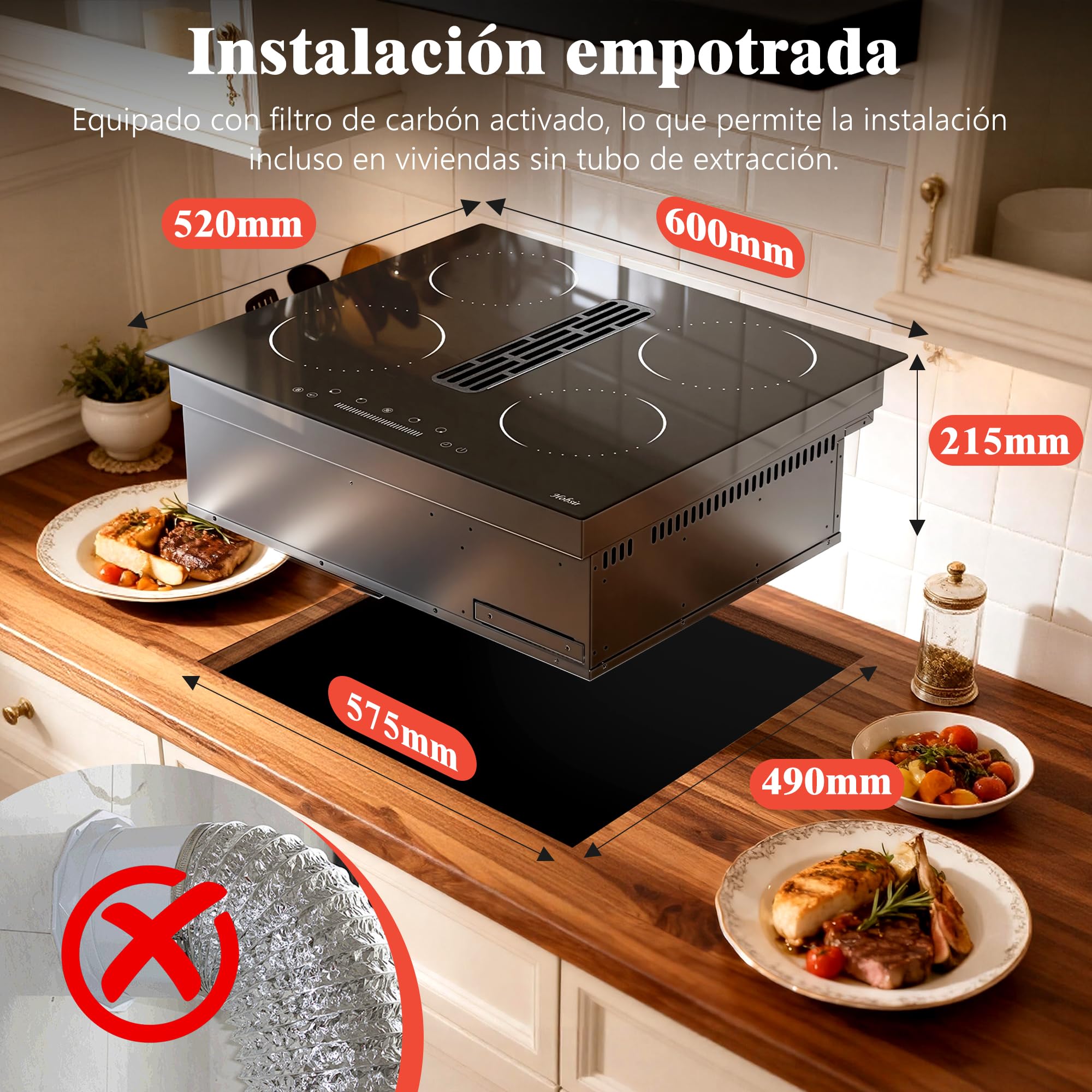 Hobsir Placa de Inducción con Extractor Integrado 60 cm, 4 Zonas, 6400W | 9 Niveles de Potencia, Bloqueo Infantil, Función Boost, Recirculación con Filtro Carbón– Sin Manguera de Salida de Aire
