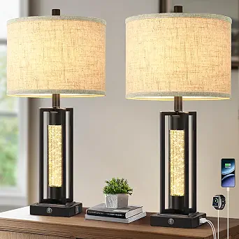 TOBUSA 26-inch Black Farmhouse Table Lamps Set of 2 with Crystal Night Light