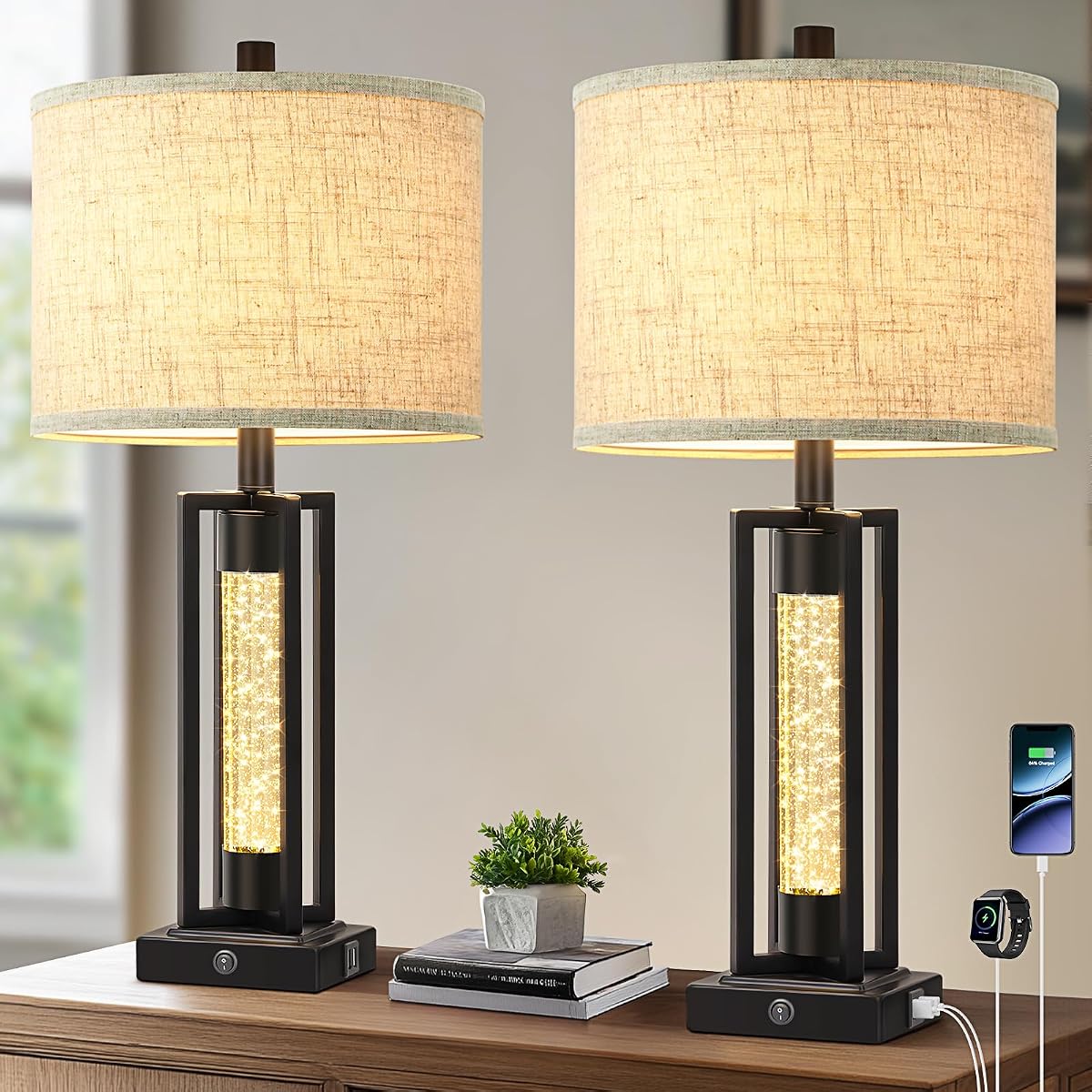 TOBUSA 26" Farmhouse Table Lamps Set of 2, Black Metal with Linen Shade & USB