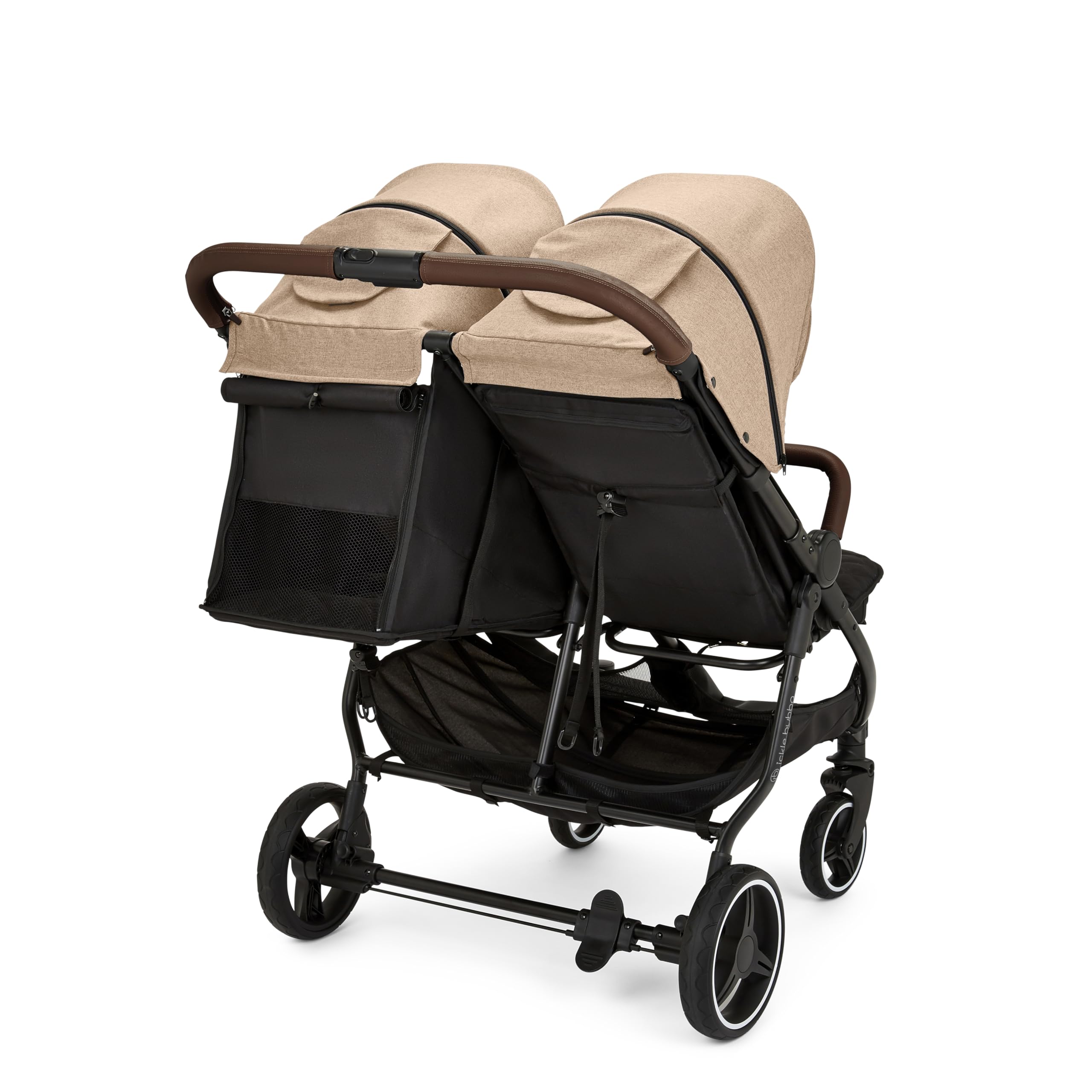 Ickle Bubba Venus Prime Doppelkinderwagen - geeignet von Geburt bis 15 kg (ca. 3 Jahre), leichter, faltbarer Zwillingskinderwagen mit Neugeborenenkokon, 2 Fußwärmern und Regenschutz (Biscuit)