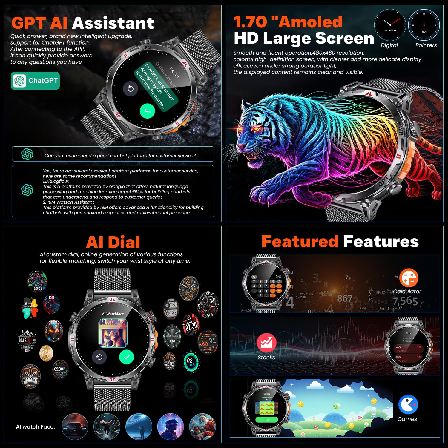 Reloj Inteligente Smartwatch Hombre con GPS: 1.7''AMOLED Pantalla Táctil Bluetooth SmartWatch con GPT Ai Esfera Brújula SpO2 Sueño Presión Arterial 100+Modo Deportivo 3ATM Impermeable Para Android iOS