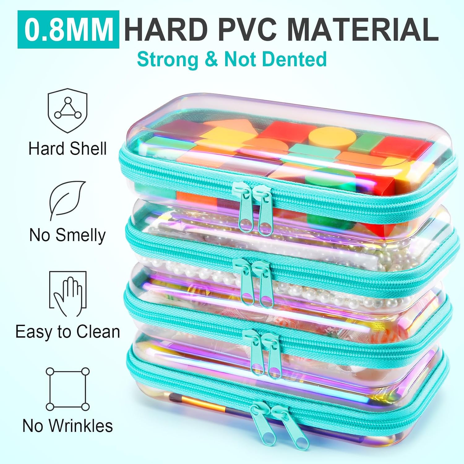 Hoolerry 4 Pcs Hard Clear Zipper Case Makeup Bags Plastic Zipper Pouch Transparent Storage Box Containers for Cosmetics, Snacks, Building Blocks, Puzzles(Clear,7.5 x 3.9 x 2 in,Blue Laser)