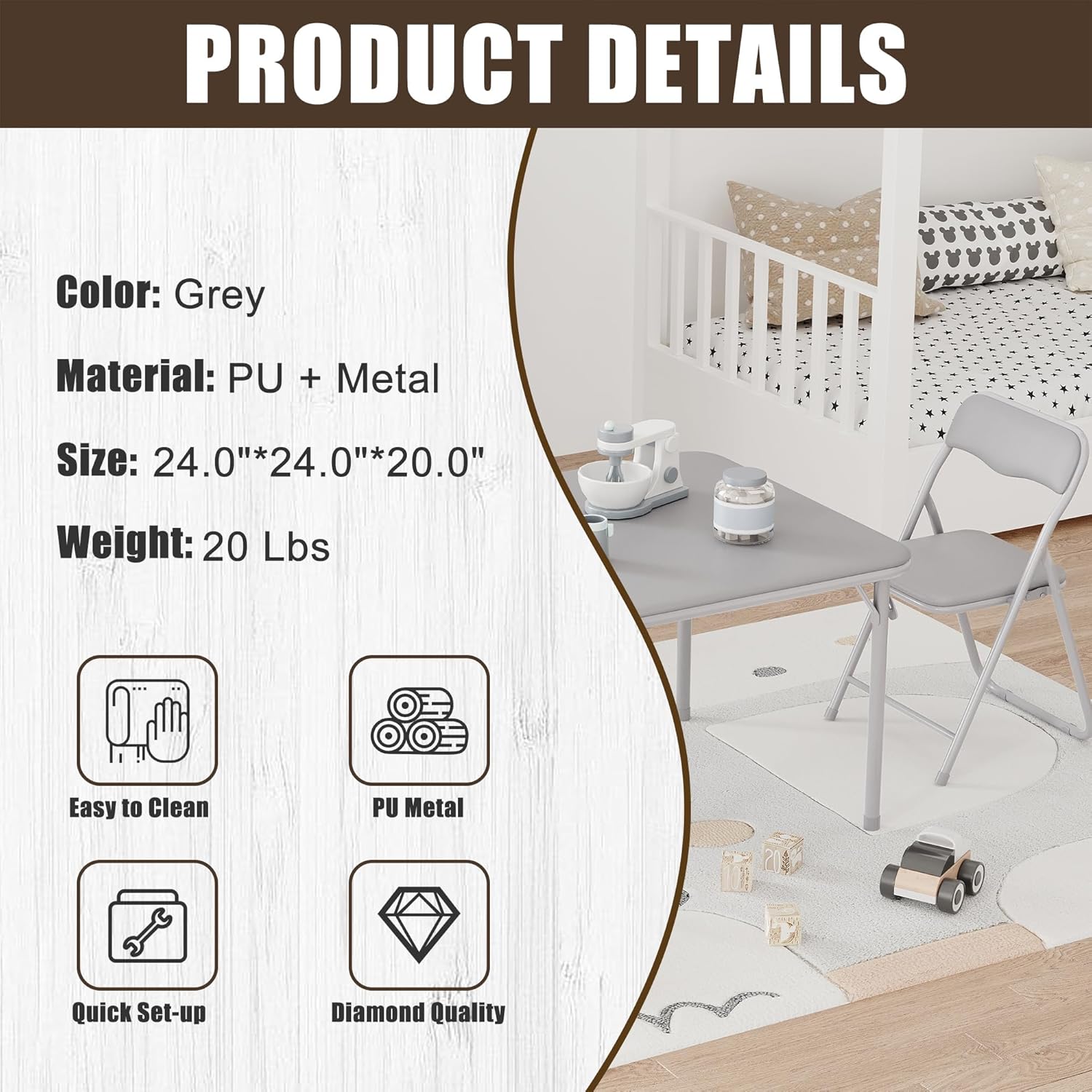 Folding Table and Chairs Set of 3 – Portable Soft PU Cushion Seats, No Assembly Needed, Perfect for Eating, Reading and Play, Gray