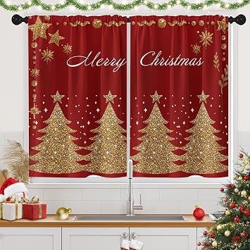 Christmas Tree Glitter Kitchen Window Curtains Over Sink Set of 2, Winter Cute Luxury Star Rod Pocket Short Tier Curtains, Red Christmas Small Kitchen Decor 26x36 Inch