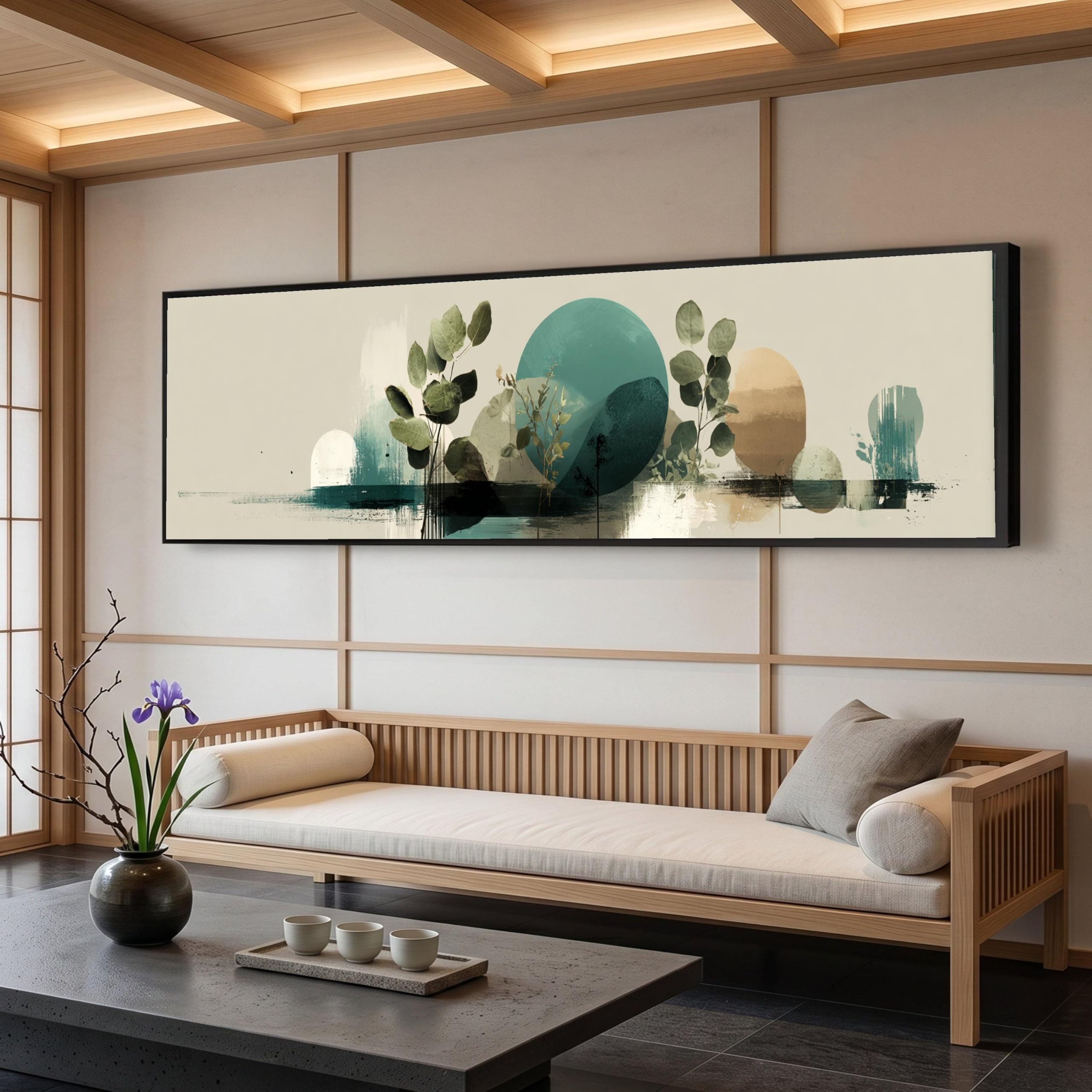 LMYCHENG Long Narrow Abstract Botanical Canvas Wall Art, Geometric Painting, Green Leaves Artwork, Nature Home Decor Prints(65x195cm/Frameless)