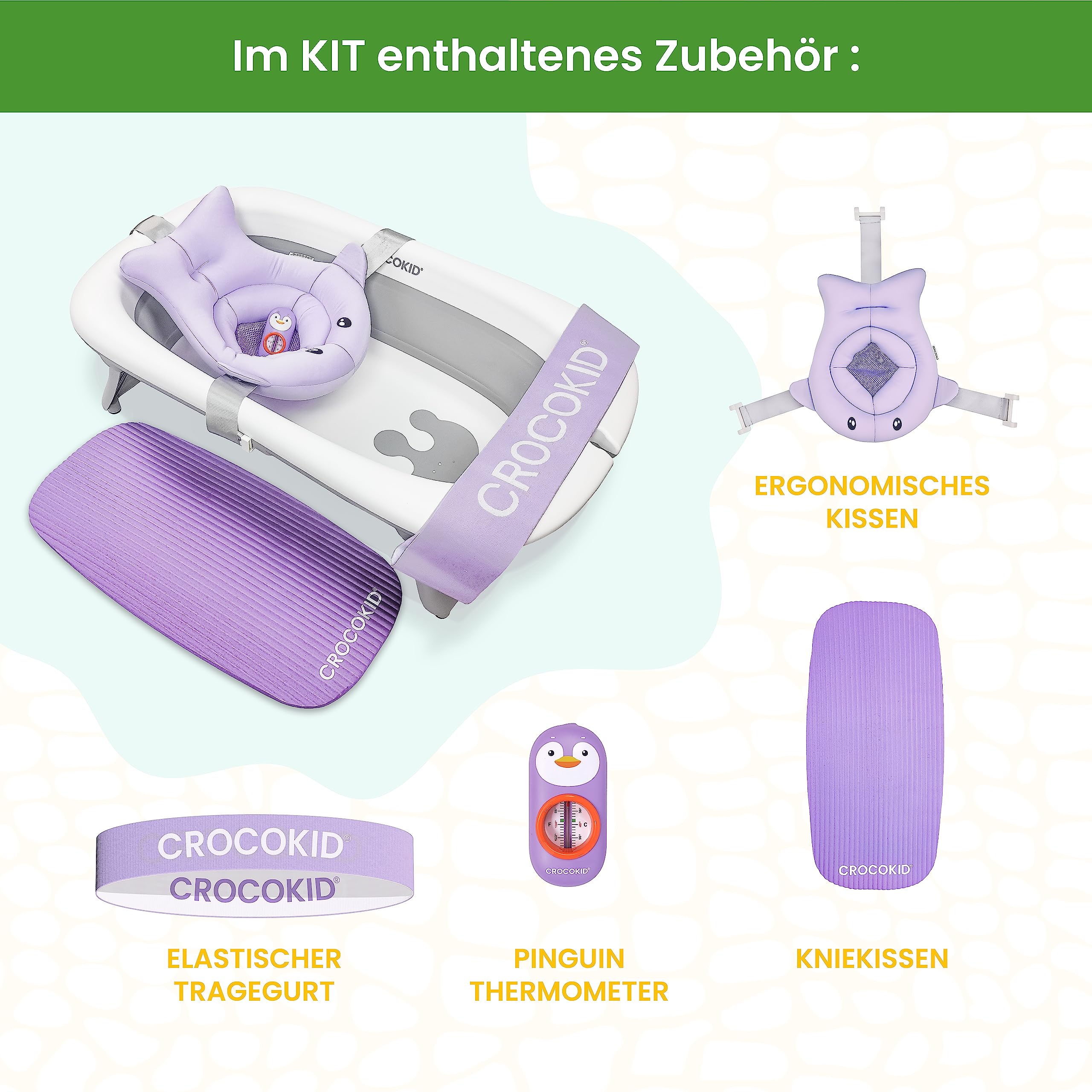 Große Faltbare Babybadewanne - Premiumqualität - Kinder 0 bis 4 Jahren - Badeset: Thermometer/Badekissen/Kniematte - Rutschfeste Füße, Sicherheitsverriegelung - Maße 51x85cm (Badewanne+Set)