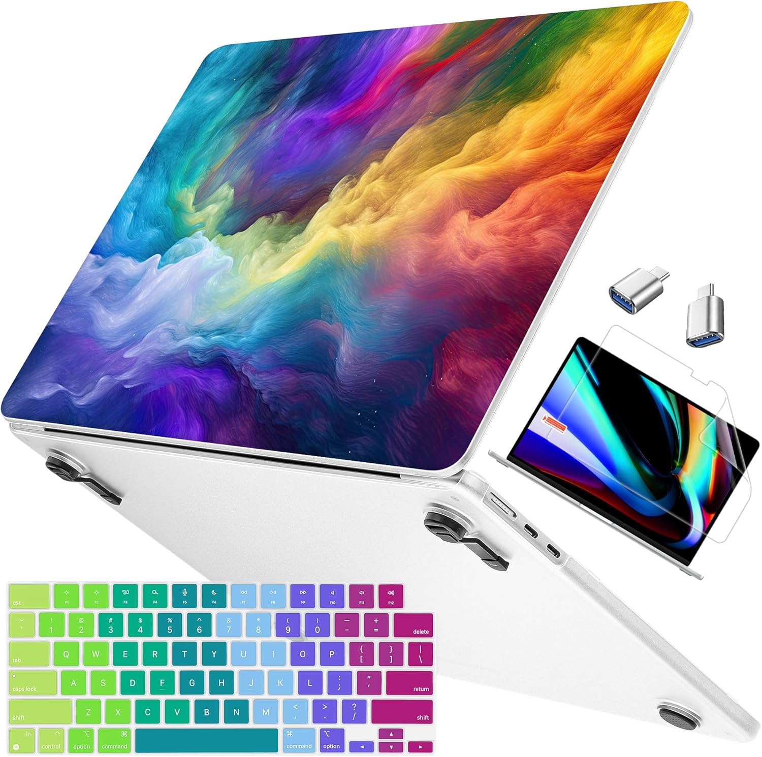 Mektron Ultra Thin Armor Case Compatible with MacBook Air 13.6 inch Printed Cover 2025-2022 M4 M3 M2 A3240 A3113 A2681, Protective Hard Shell with Fold Kickstand, Rainbow Cosmic
