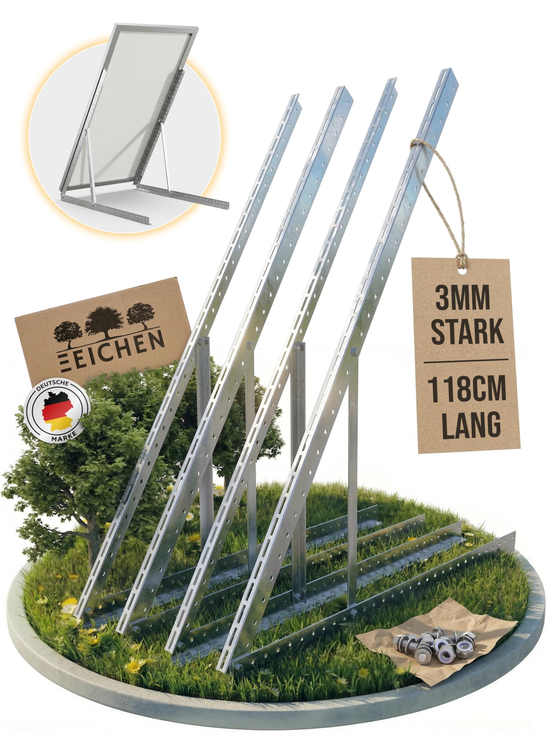 Drei Eichen - 4x Balkonkraftwerk Halterung.118cm stabiles 3mm Aluminiumprofil mit hochwertigen Edelstahl Schrauben. Solarmodul Halterung. Befestigung Solarmodul. PV-Module Halterung Solarmodul 0% MwSt