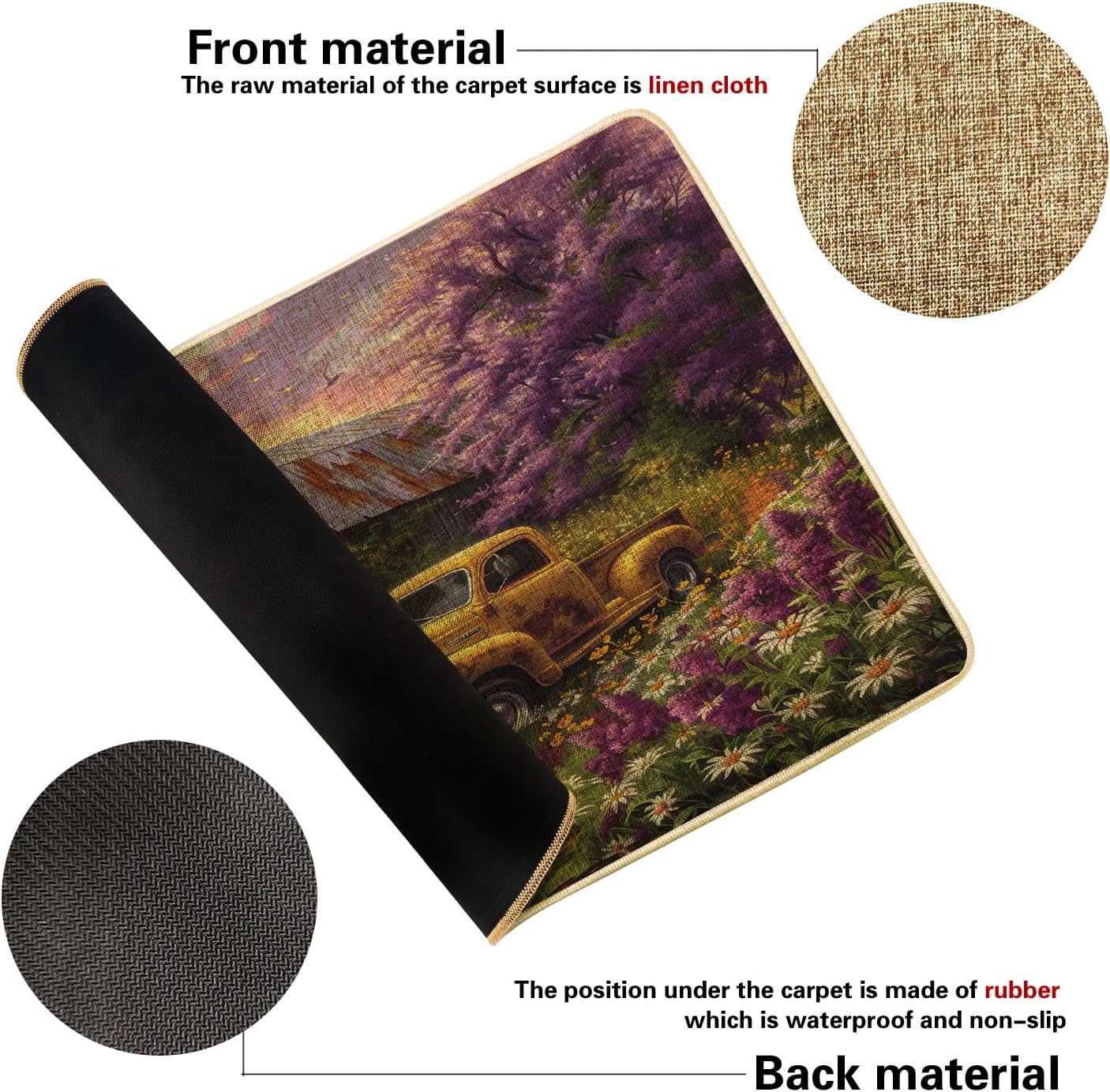Vintage Truck Door Mat Fantasy Lavender Daisy Wild Flower Cabin Country Woodland Violet Linen Rubber Non Slip Outdoors Patio Inside Porch Classroom Waterproof Dirt Trapper Under Door mat 17x29 Inch