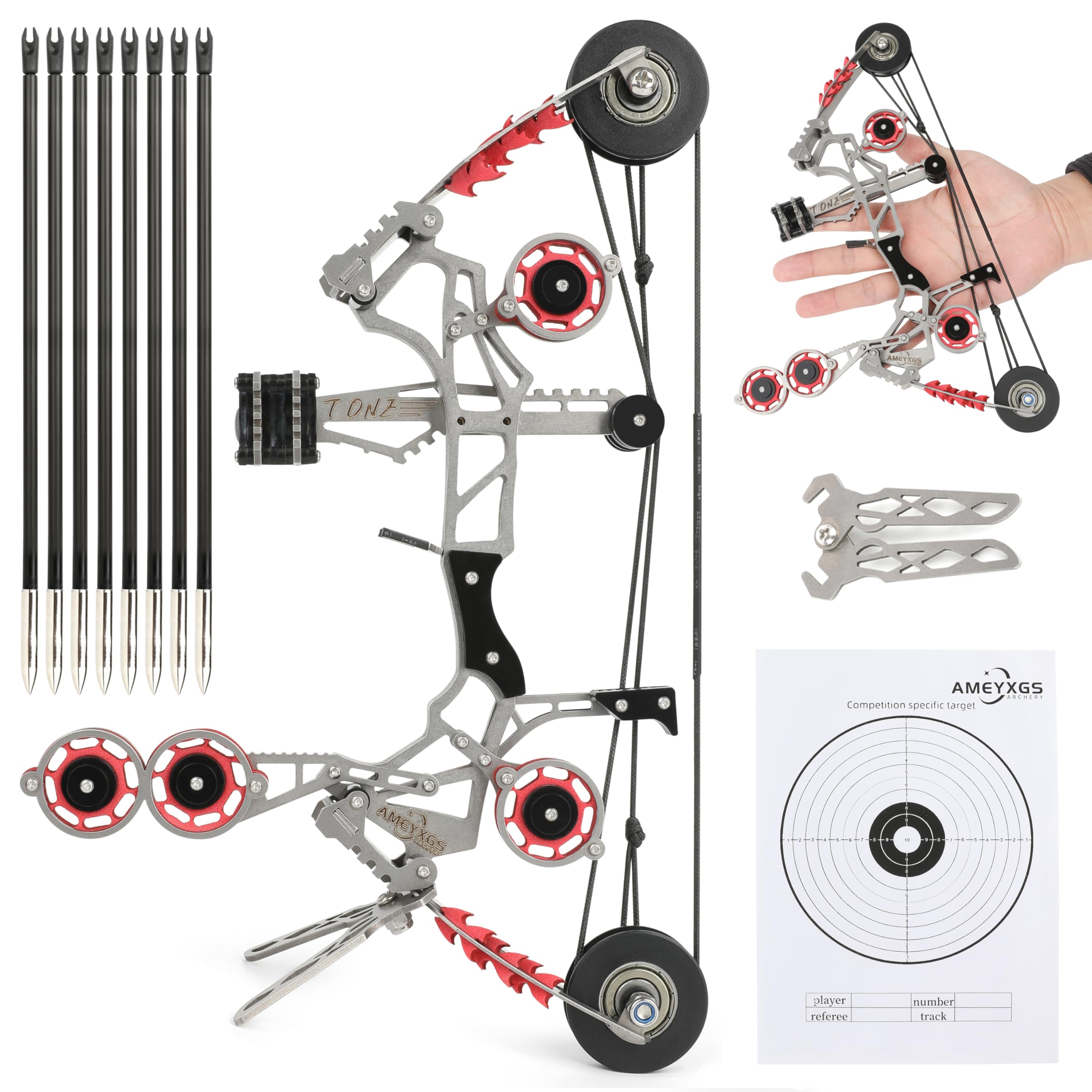 Poearcus Adult Pocket Bow Mini Competition Compound Bow and Arrows Set Small Hunting Bow with Bow Stand Suit for Shooting Target Practice (Red, Type 1(8 arrows))