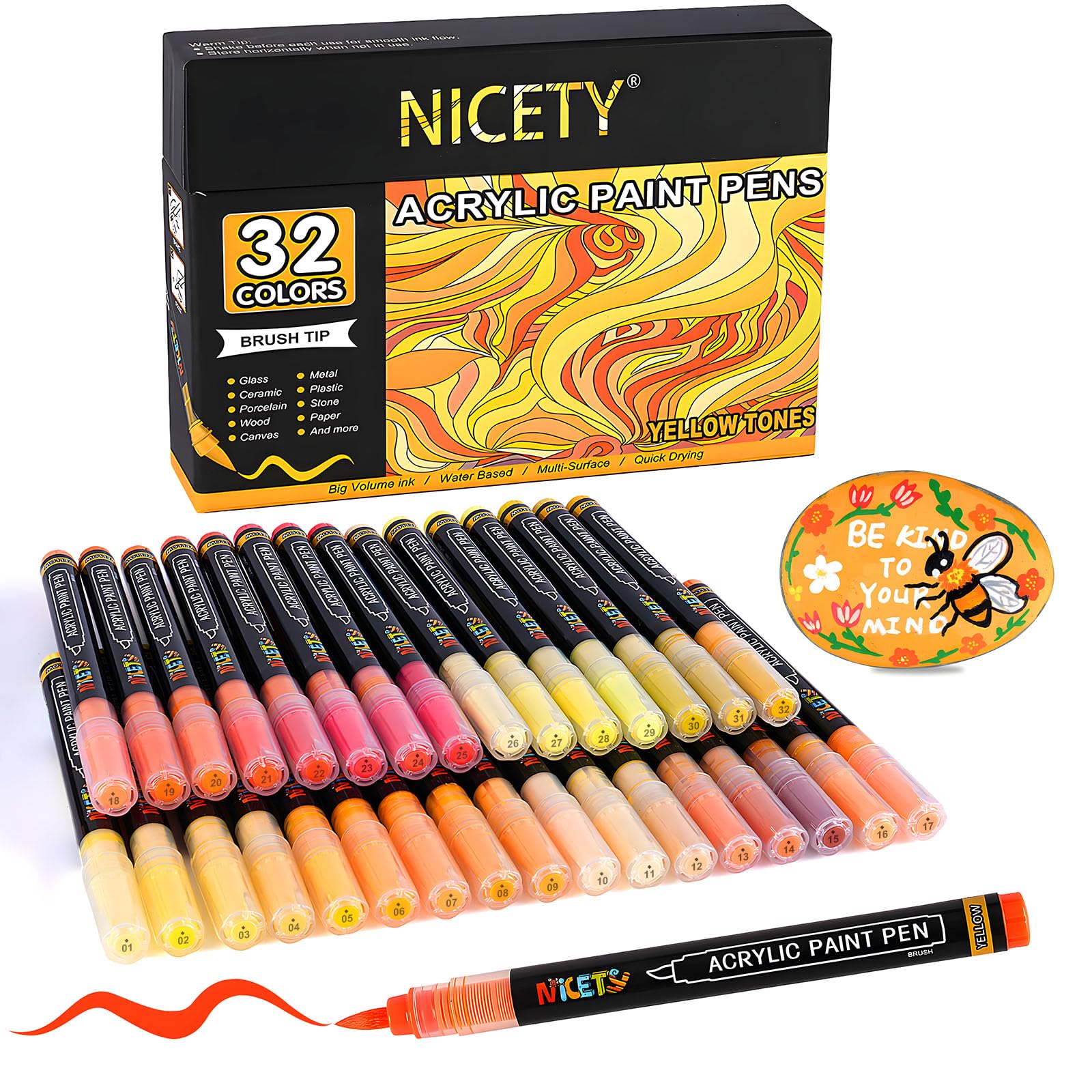 NICETY 32 Colours Acrylic Paint Pens - Paint Markers 1-5mm Brush Tip Water Based Acrylic Markers for Rock Painting Stone Wood Ceramic (Yellow)