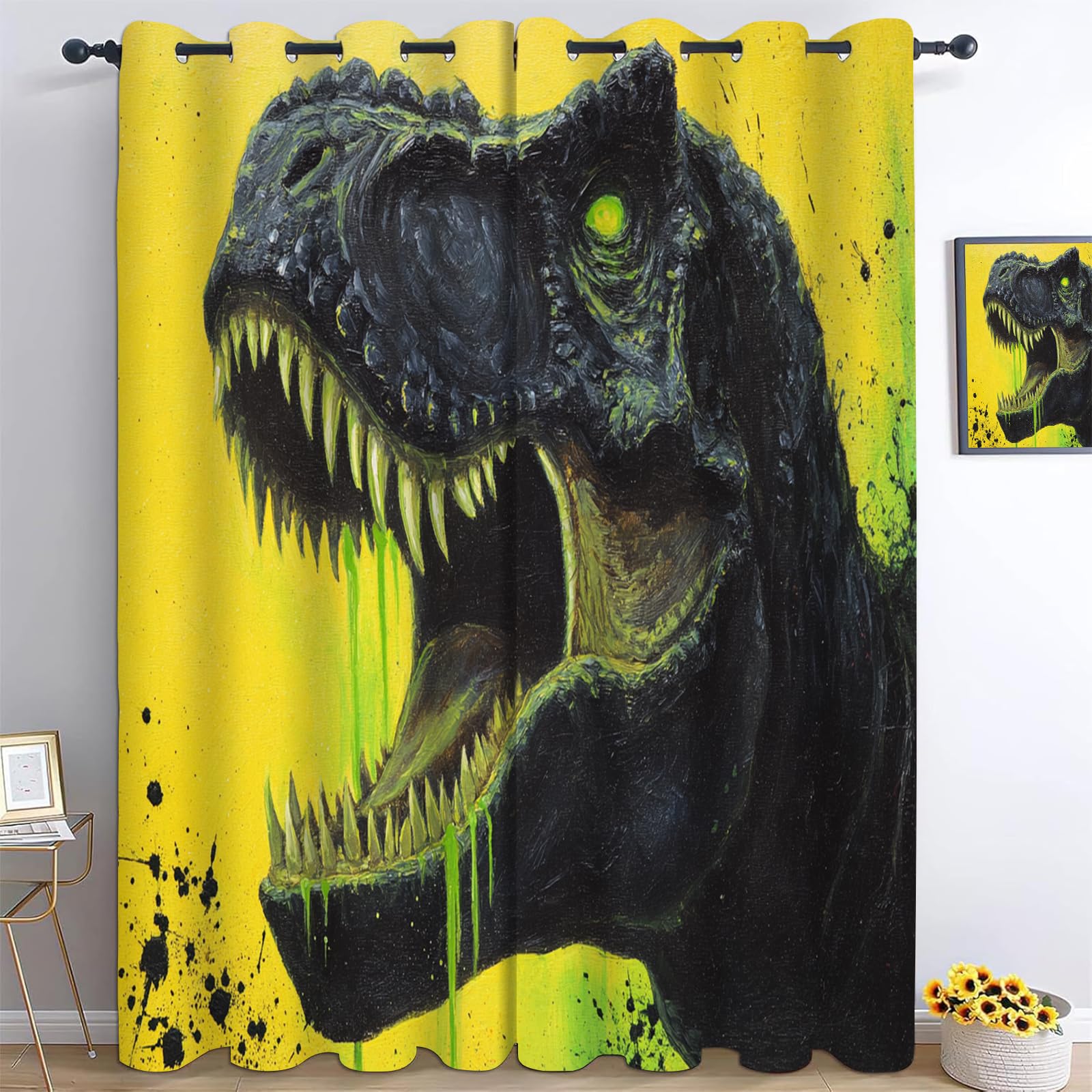 Rideau Occultant Garçons Dinosaure,Lot de 2 Rideaux Occultant Thermique Isolant à Oeillets,Résumé Jaune Decoration Chambre Salon Fenetre 140x260cm（LxH）