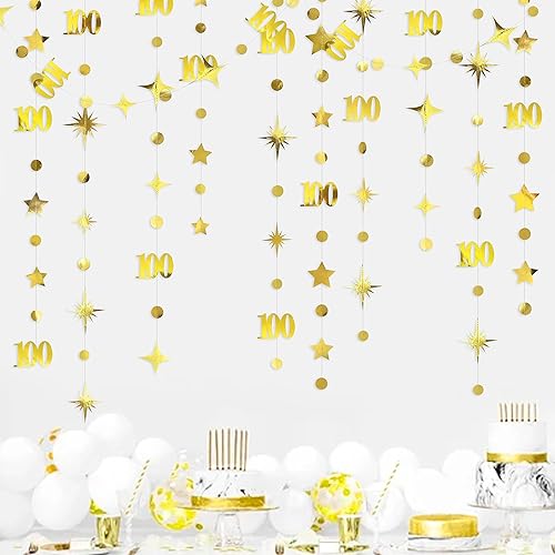 Miniatura 5 de Decoraciones doradas de cumpleaños número 100, guirnalda de estrellas centelleantes con el número 100 de círculos, banderines colgantes para mujeres