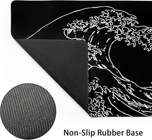 Miniatura 6 de Alfombrilla de mouse negra para juegos con olas marinas japonesas de 35.4 x 15.7 pulgadas, alfombrilla extendida Kanagawa de escritorio, base de