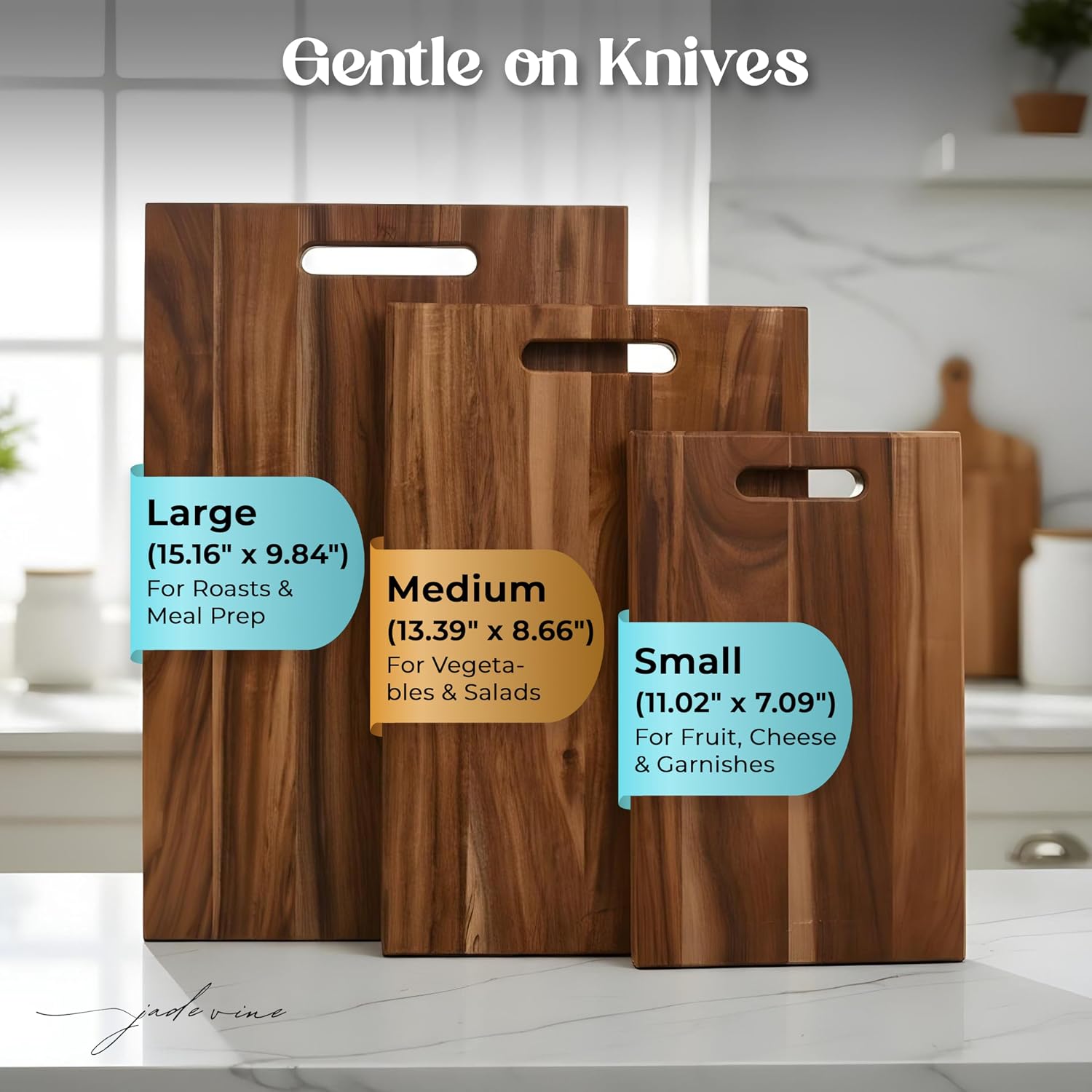 Jade Vine Acacia Wood Cutting Board Set of 3-16x10, 14x9, 11x7 - Natural Hardwood Chopping Boards, Knife-Friendly, Reversible for Meat, Cheese, Bread & Kitchen Prep
