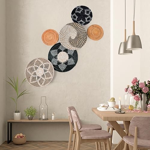 Miniatura 6 de Juego de 6 cestas de pastos marinos tejidas para colgar, hechas a mano, decoración de pared bohemia rústica o cestas de almacenamiento tejidas,