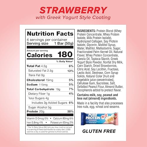 Miniatura 2 de Pure Protein Barritas, bocadillos nutritivos ricos en proteínas para apoyar la energía, bajo en azúcar, sin gluten, yogur griego de fresa, paquete