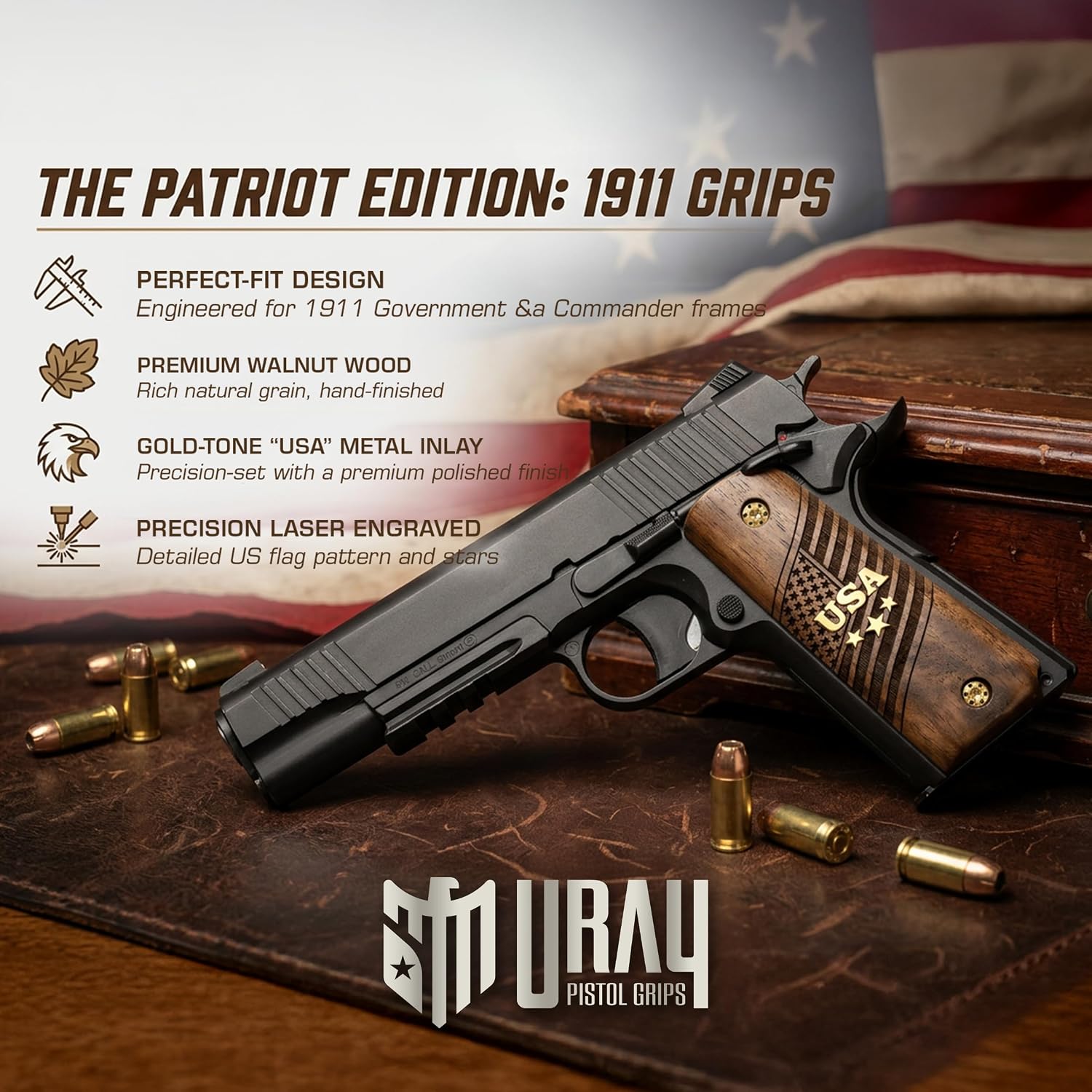 URAY 1911 Full Size Walnut Wood Grips – USA Aluminum Inlay & Laser Engraved American Flag, Premium Grip Panels for Government Model 1911