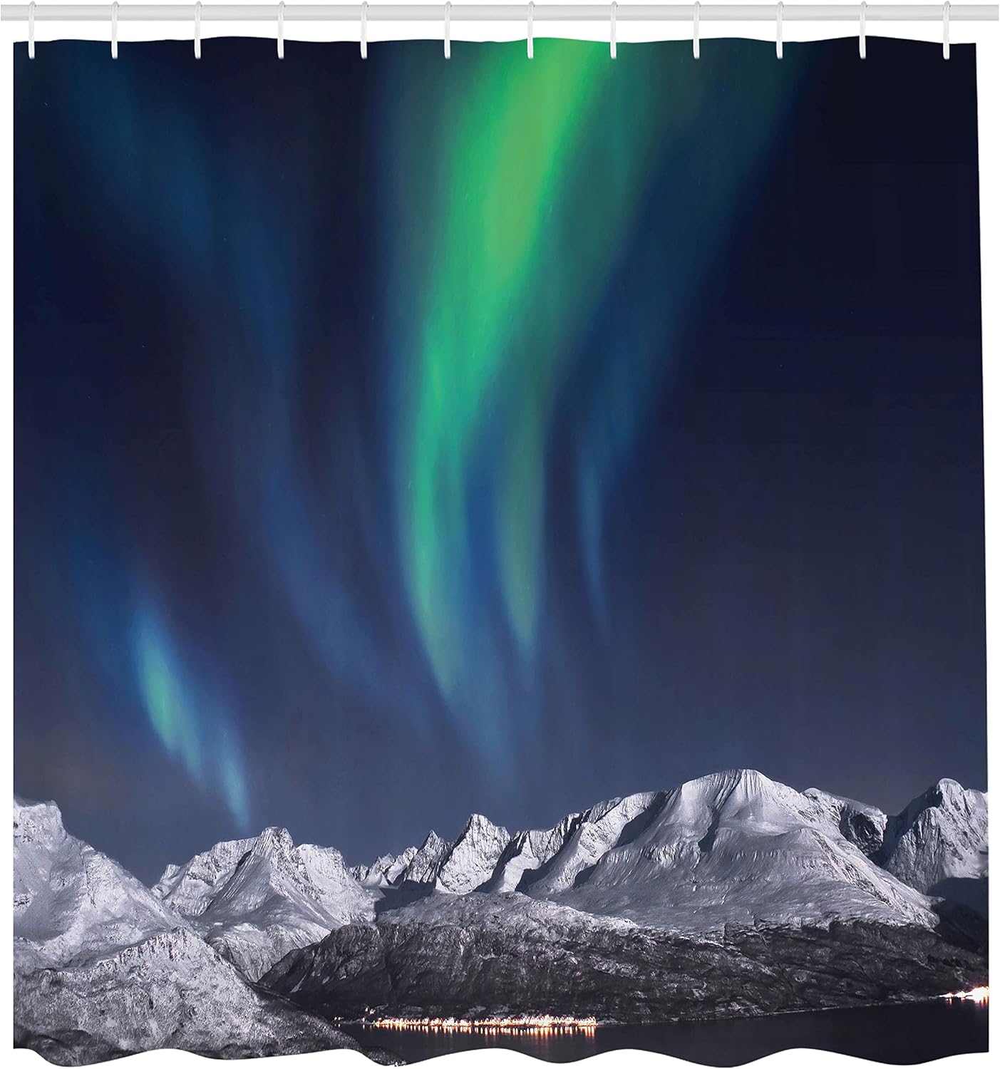 Ambesonne Sky Shower Curtain, Aurora Borealis Aurora Over Fjords Mountain at Night Norway Solar Image Art, Cloth Fabric Bathroom Decor Set with Hooks, 69" W x 70" L, Green Dark Blue