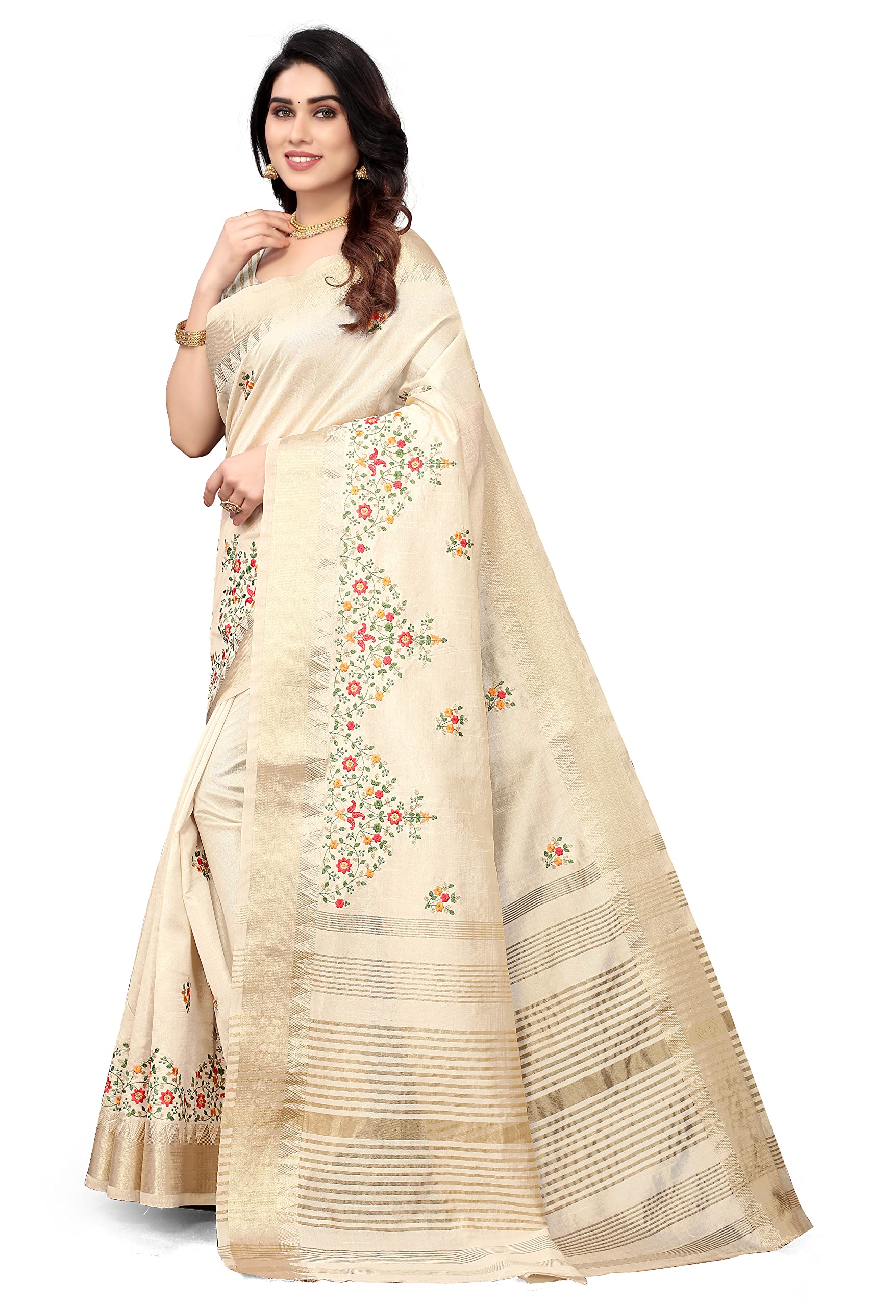 SERONA FABRICS Women's Assam Cotton Silk With Golden Border Thread Embroidered Work Saree With Blouse Piece - Image 2 thumbnail