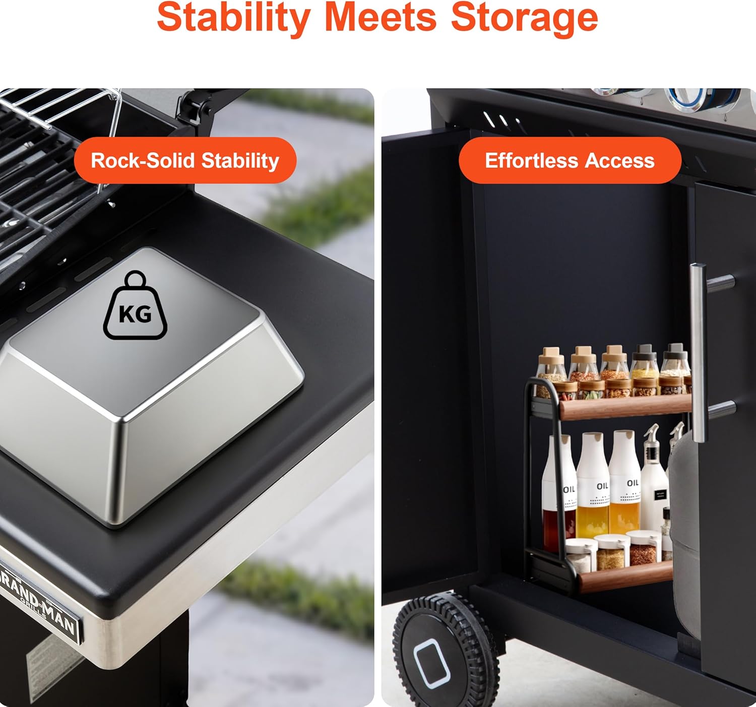 Brand-Man 6-Burner Propane Gas Grill with Infrared Sear Side Burner, Porcelain-Enameled Cast Iron Diamond-Pattern Grates & Griddle, BBQ Station with Storage Cabinet and Side Table for Barbecue