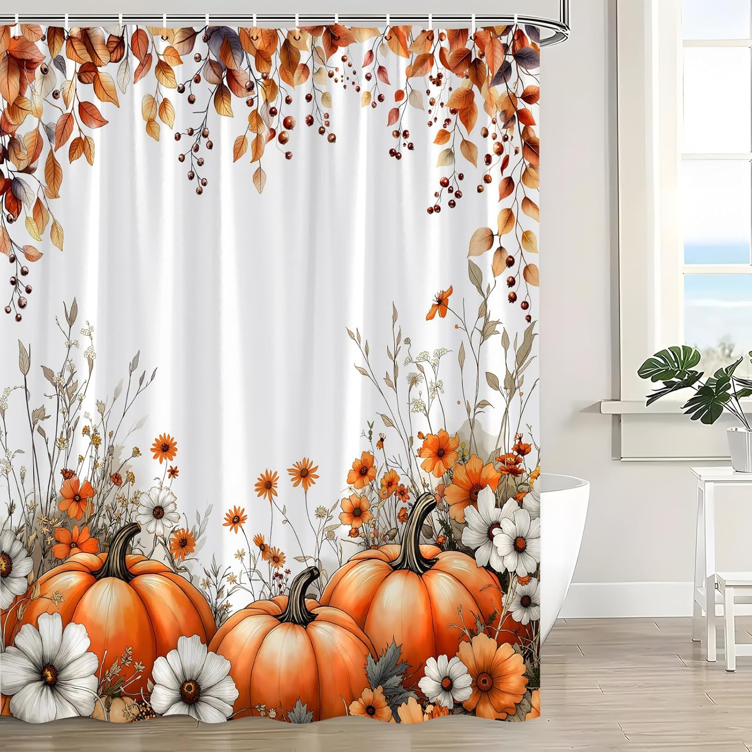 Fall Pumpkin Shower Curtain Autumn Floral Orange Leaves Thanksgiving Watercolor Flower Harvest Rustic Country Bathroom Curtain with Hooks