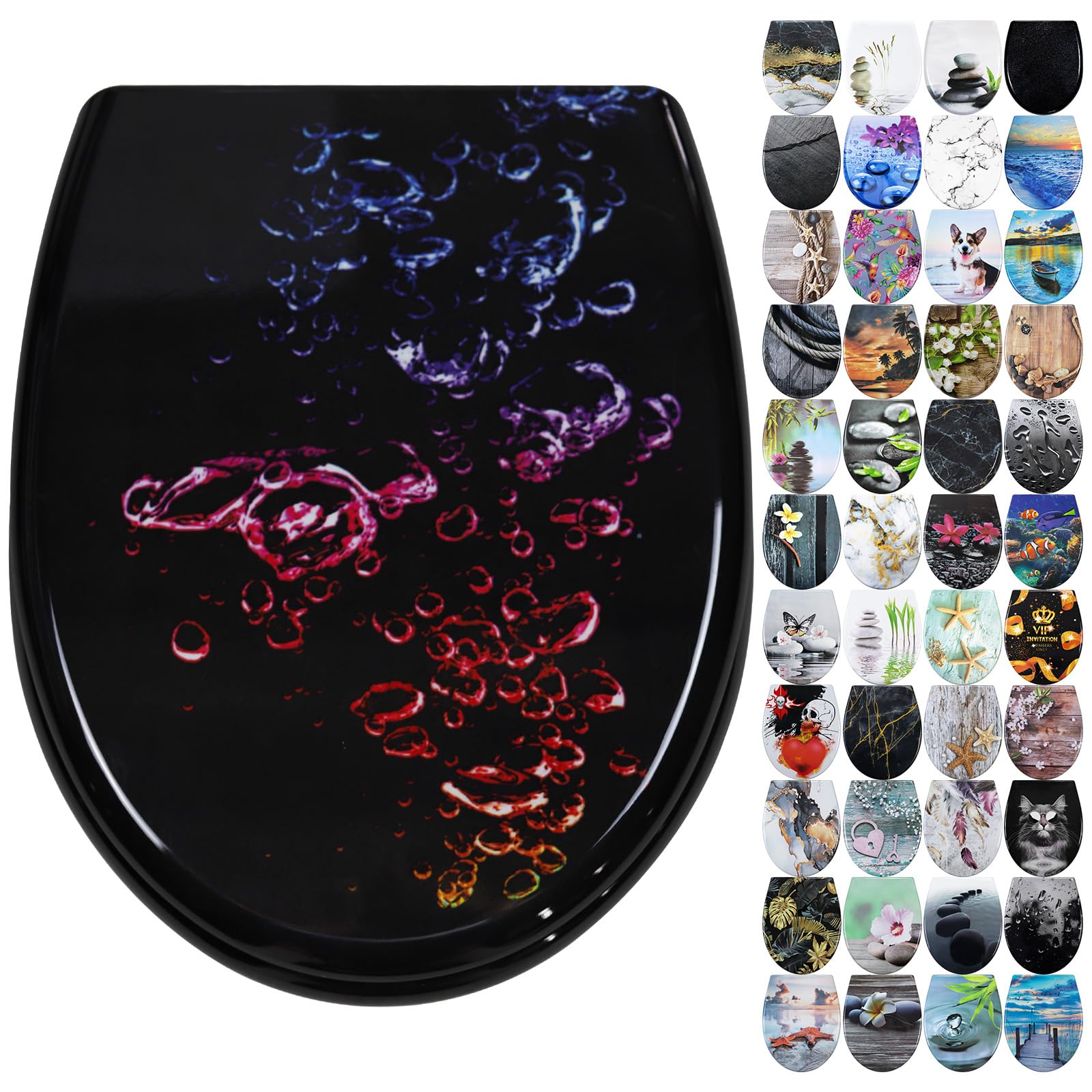 Fanmitrk Duroplast Toilet Seat Soft Close -Quick Release Toilet Lid with Top Fixing,Various Patterns to Choose from (UF812-02)