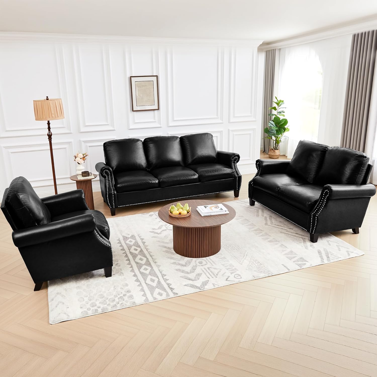 LEVNARY Compact PU Leather Sofa Set 3 Piece, Small Space Couch Set with 3-Seater, Loveseat & Armchair, Comfortable Nailhead Trim Living Room Furniture for Apartment, Office, Guest Room (Black)