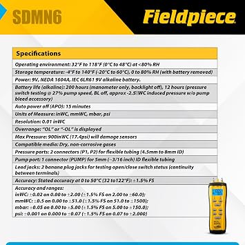 Fieldpiece SDMN6 Pressure Switch Tester