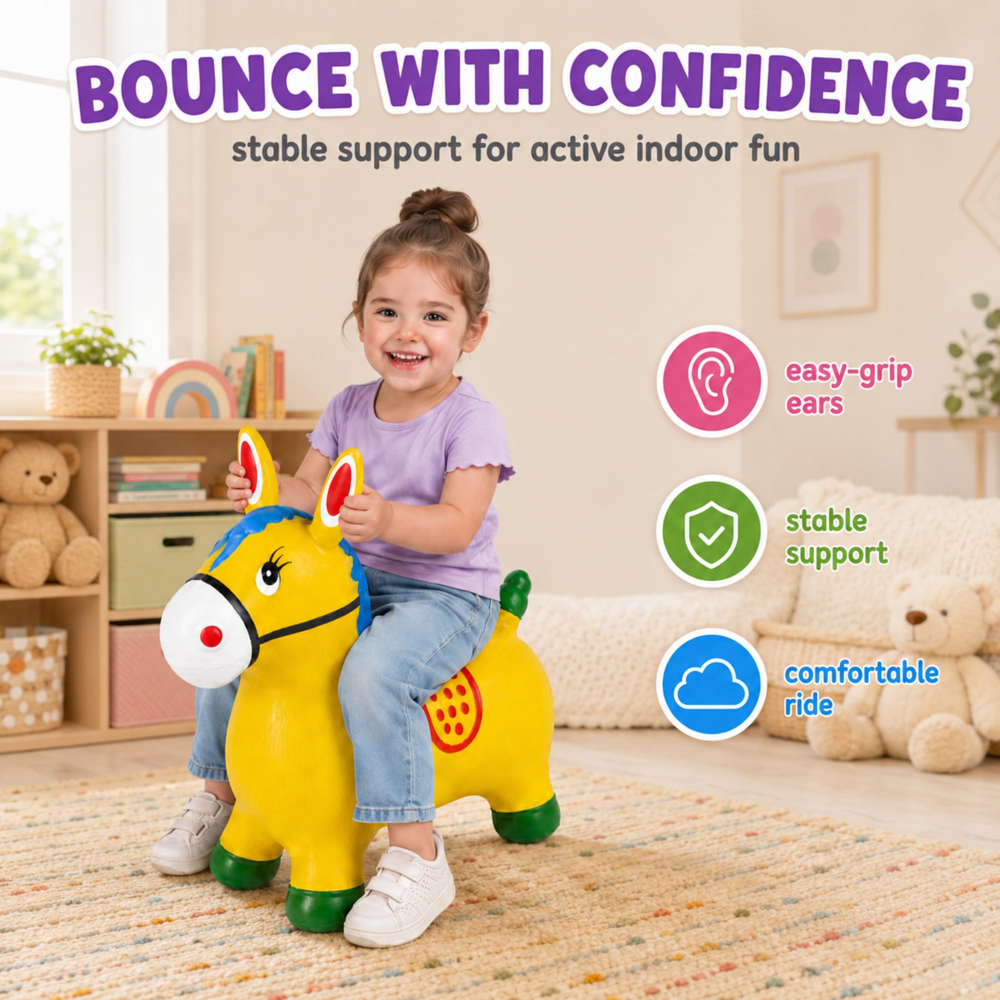 MAGIC SELECT Hüpftier für Kinder, Bunter Esel-Hüpfer zum Reiten und Springen, Spielzeug für Drinnen und Draußen