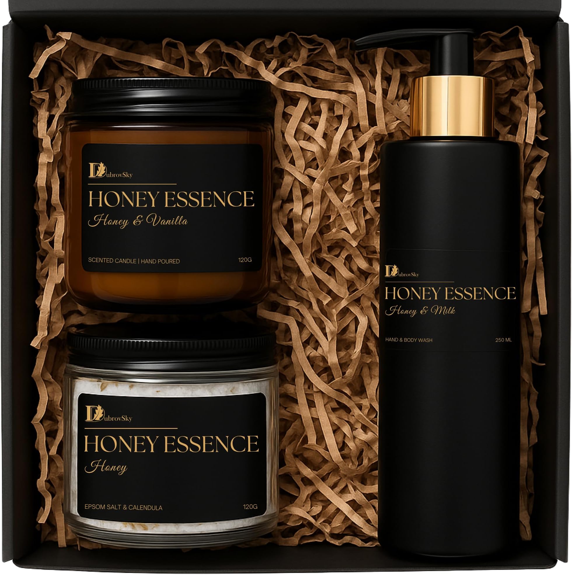 Honey Essence Gift Set - Handmade | Beeswax Candle Honey & Vanilla, Epsom Bath Salt with Calendula, Hand & Body Soap Milk & Honey | Luxury Wellness Gift Box