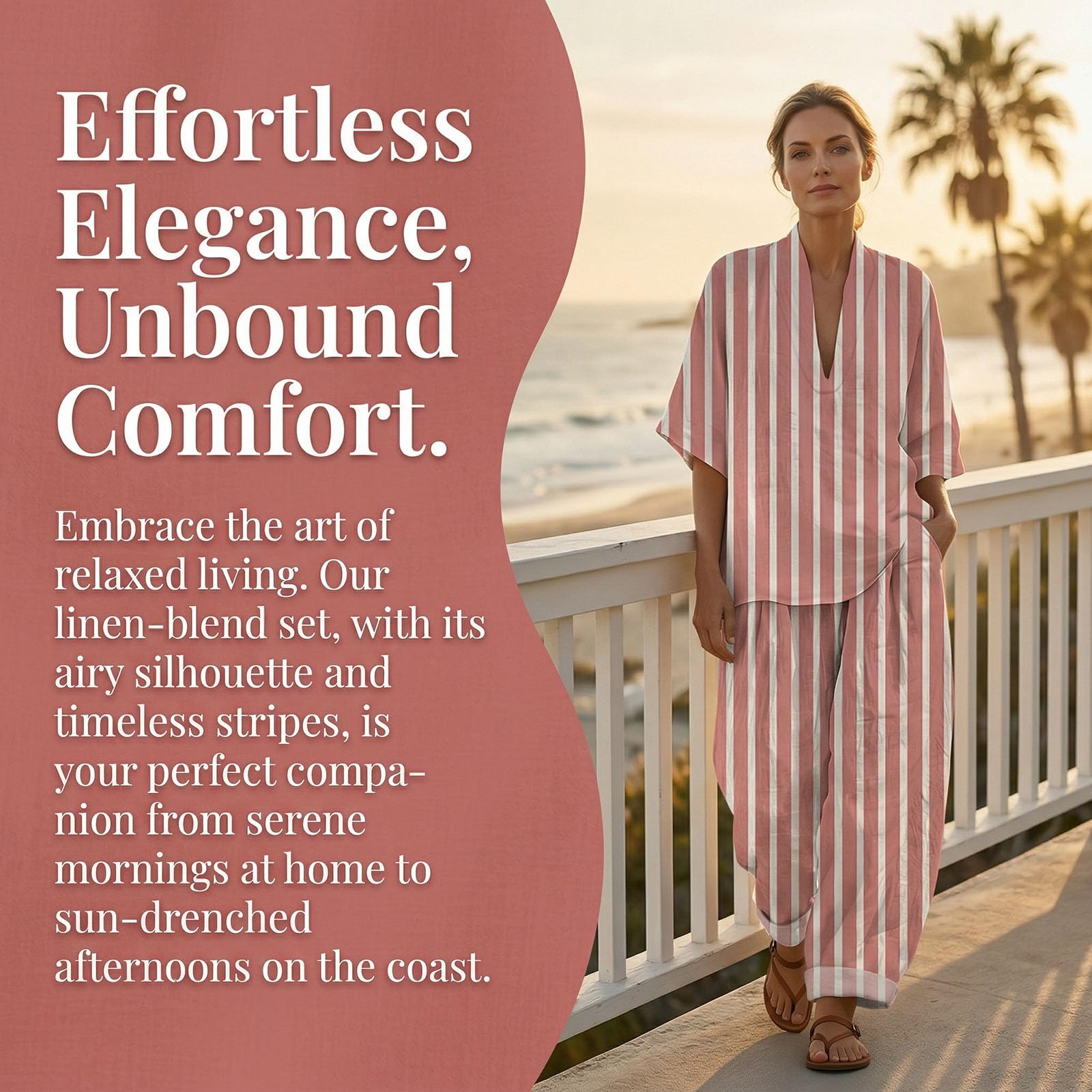 Ensemble Femme Chic et Elegant en Lin Coton - 2 Pièces Décontracté Haut Col en V et Pantalon Large à Imprimé Vetement Femme Été Respirant Leger pour Vacances Loungewear