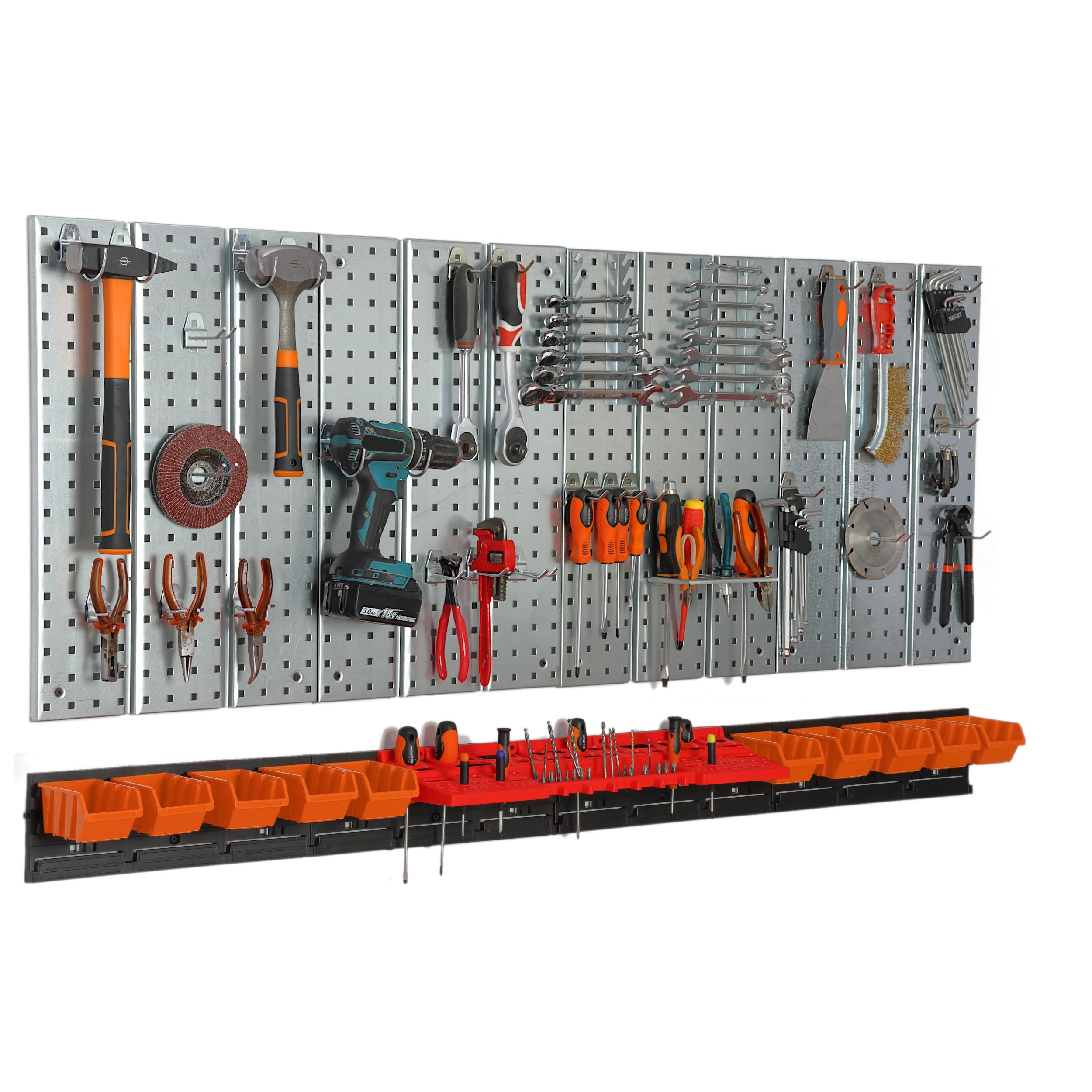 botle Werkzeugwand Metall 156x72 cm Lagersystem mit Werkzeughaltern Werkzeughaken und 10 Stapelboxen 80 x 115 x 60 mm Farbe: orange Lochbrett Werkstatt Garage Steckbrett Elektrowerkzeuge Lochwand