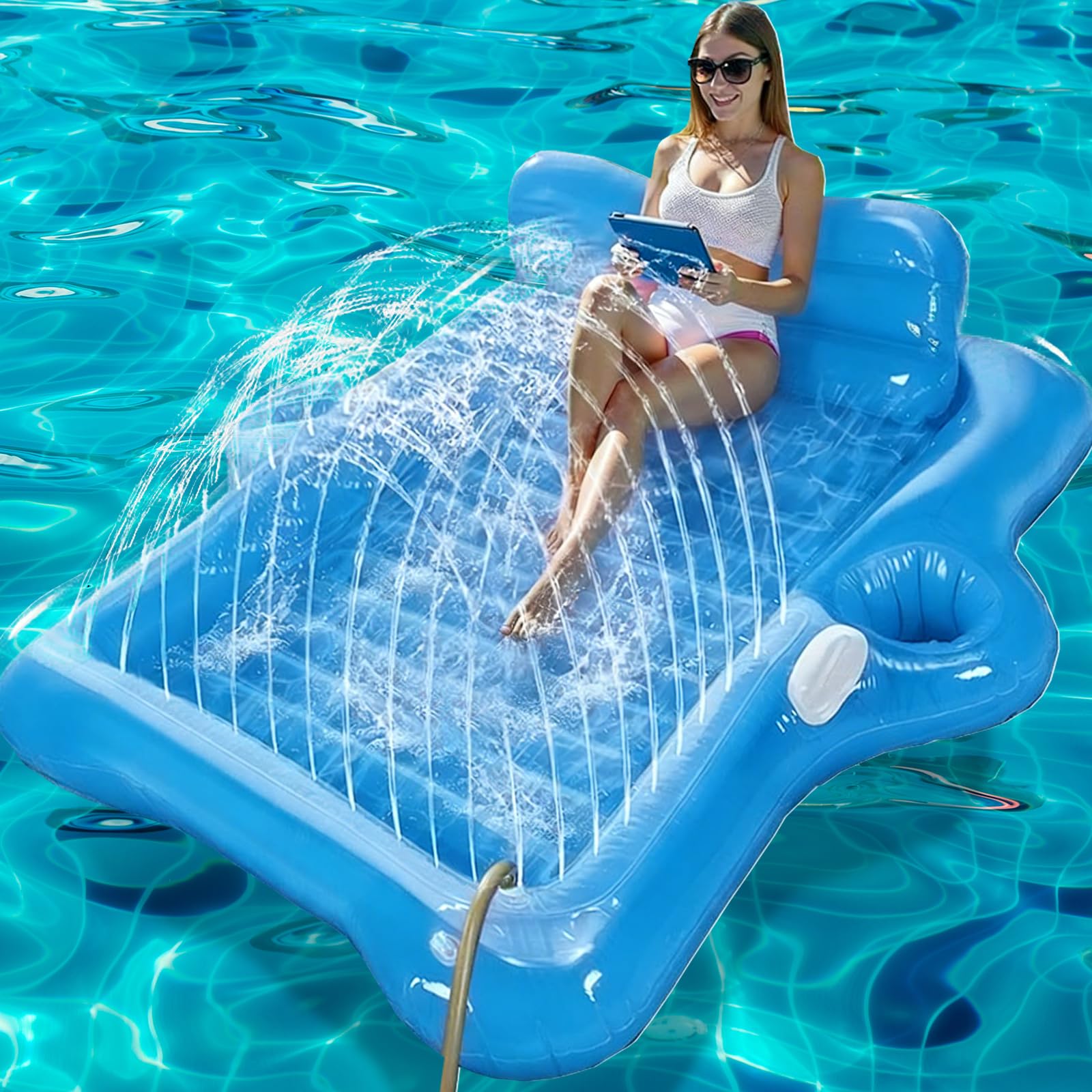 Cama hinchable azul con soporte para tazas, colchón de aire bronceado piscina adulto, mango y respaldo de verano, piscina portátil, grande, inflable para adultos, piscina, playa, diversión de verano