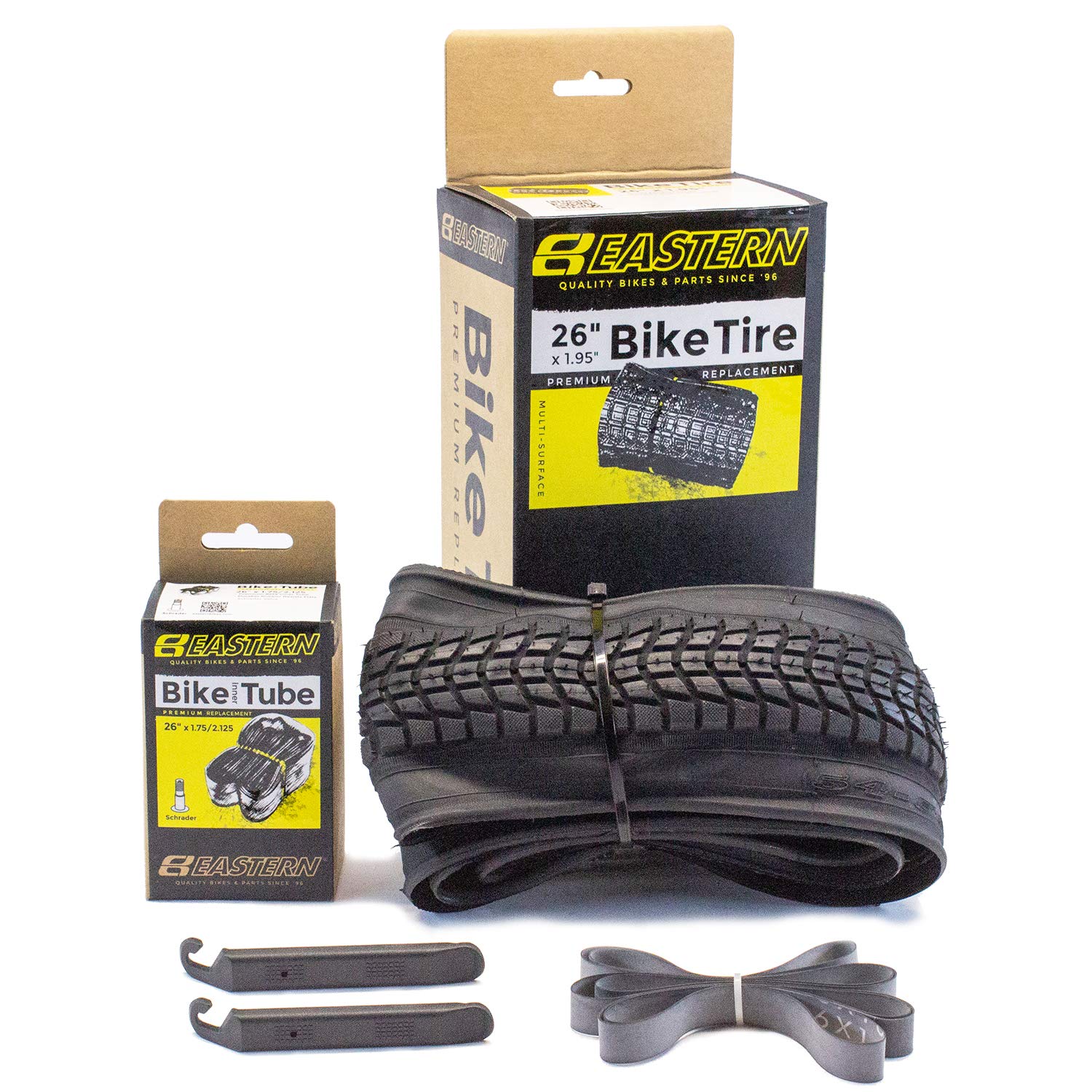 Eastern Bikes Premium Upgrade 26 x 1.95 Inch Tire and Tube Repair Kit with Inner Tubes & Tools. Fits Bicycles with 26 x 1.75 or 26 x 2.125 Rim or