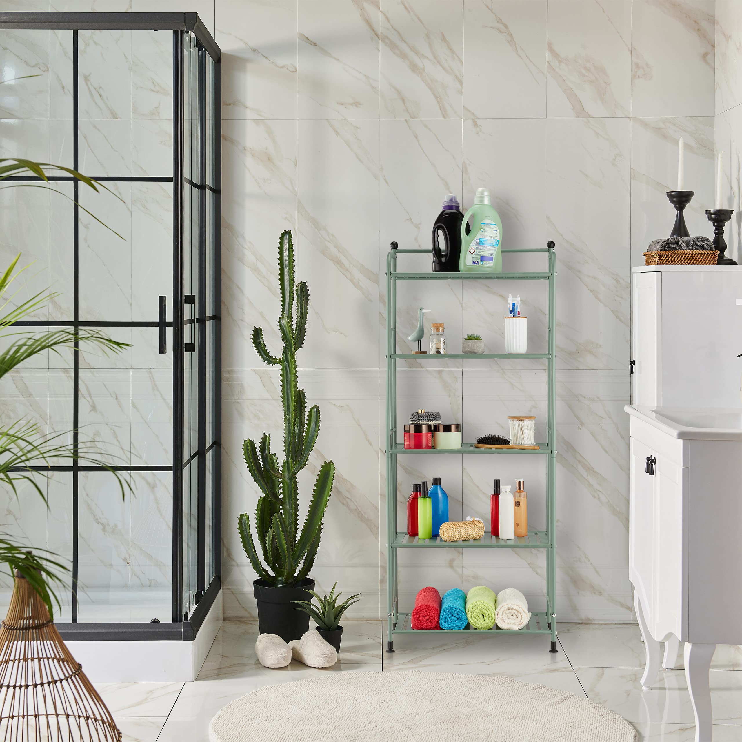Relaxdays Scaffale in Metallo, HxLxP: 133 x 56 x 28 cm, Mobiletto Cucina e Bagno, 5 Ripiani, Mensole Multiuso, Verde