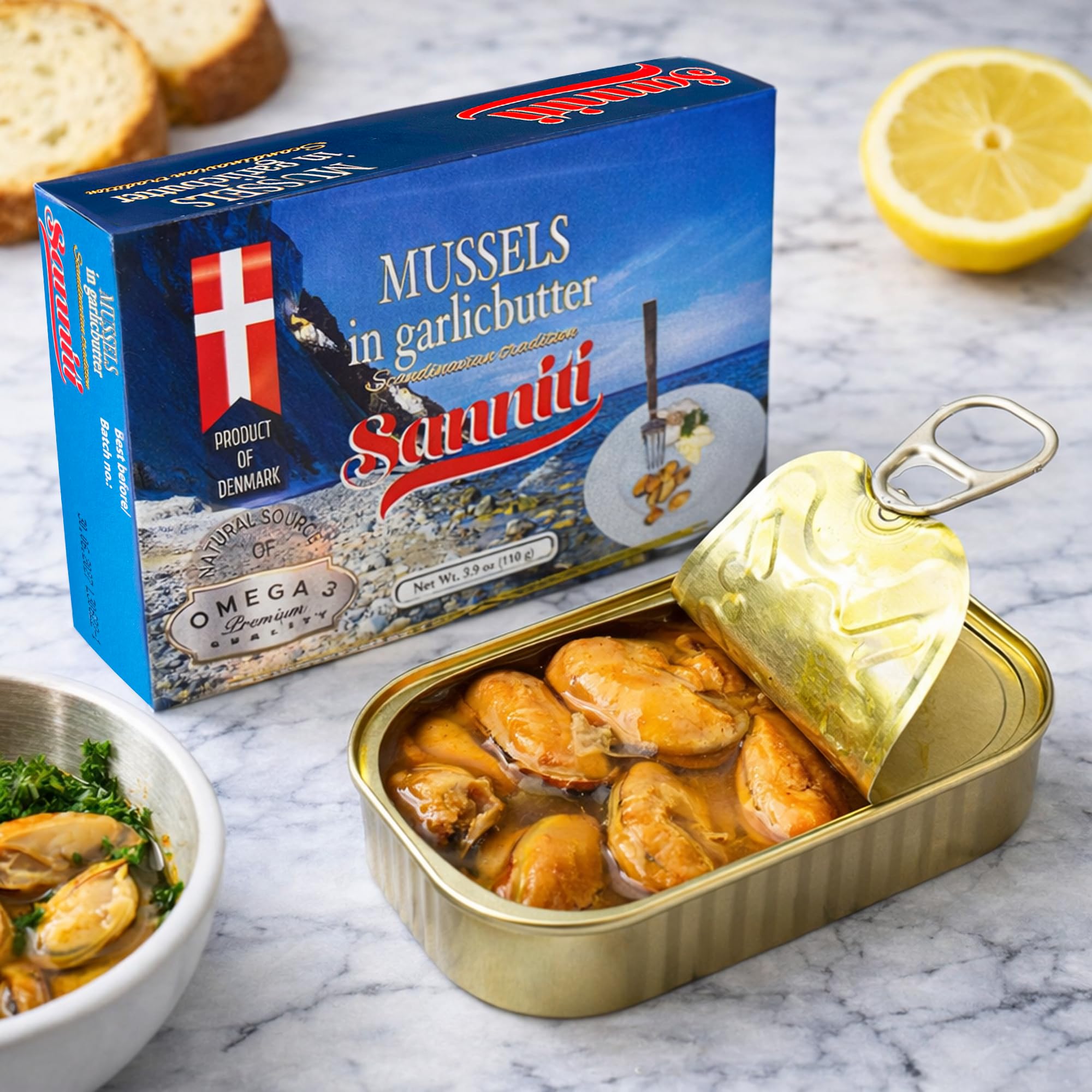 Sanniti Mussels in Garlic Butter, 3.9 oz | Scandinavian-Style Seafood | Heat & Serve | Product of Denmark | Natural Source of Omega-3