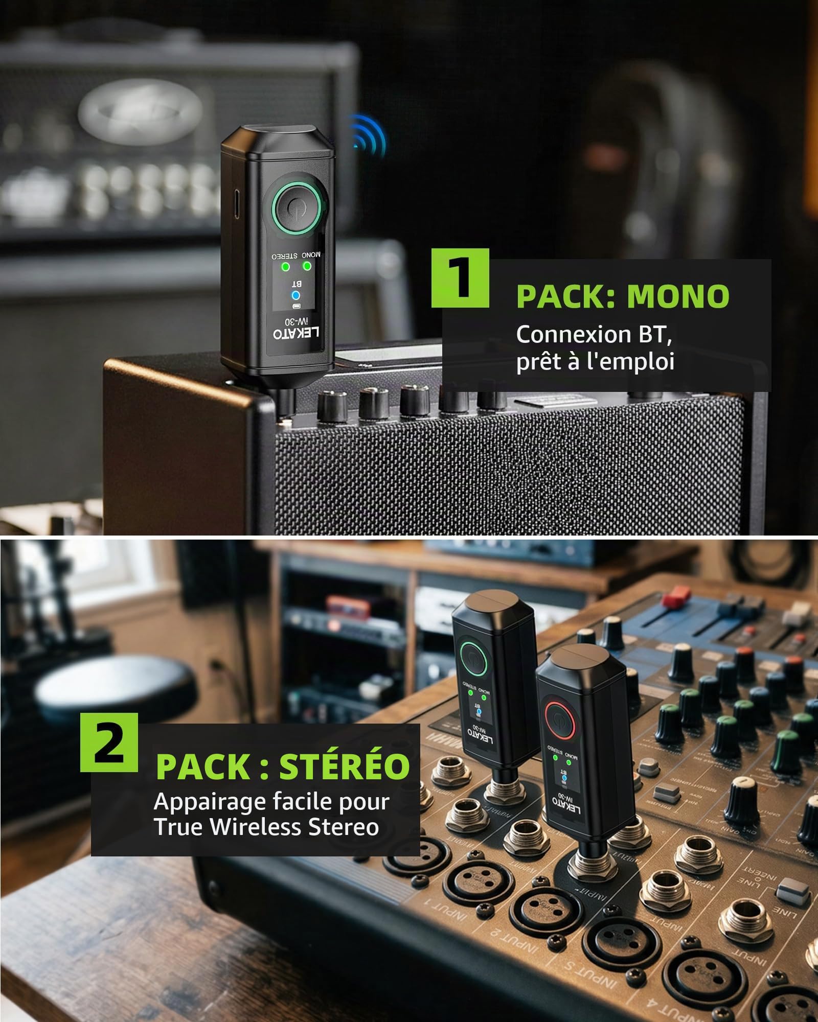 LEKATO iW-30 Récepteur Bluetooth avec prise jack 6,35 mm, mono/stéréo sans fil avec 15 heures de lecture et 50 m pour amplificateur, systèmes de sonorisation, clavier et table de mixage