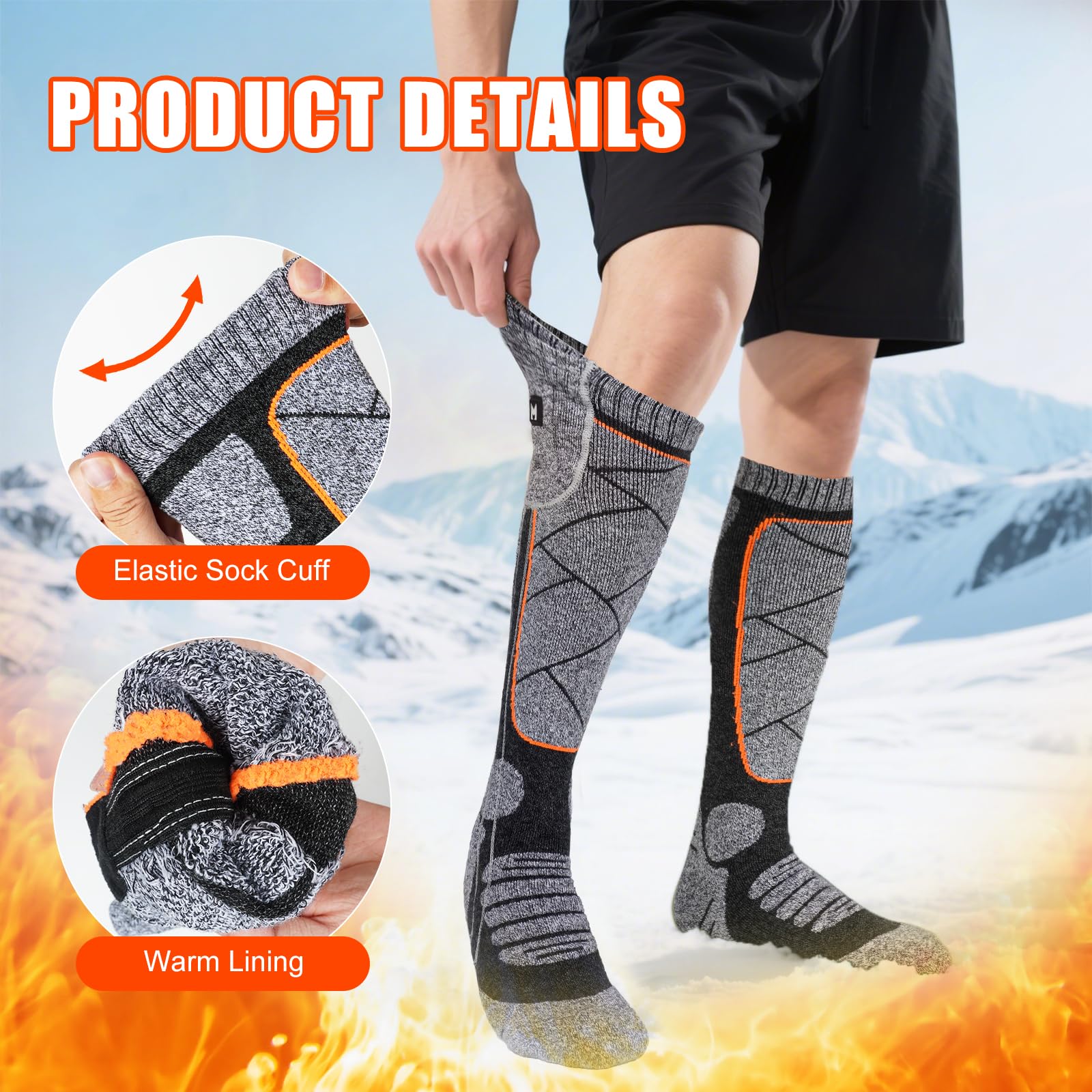 Chaussettes Chauffantes Rechargeables USB 6000mAh – 3 Niveaux De Chaleur (40°C à 65°C), Pour Ski, Vélo, Randonnée