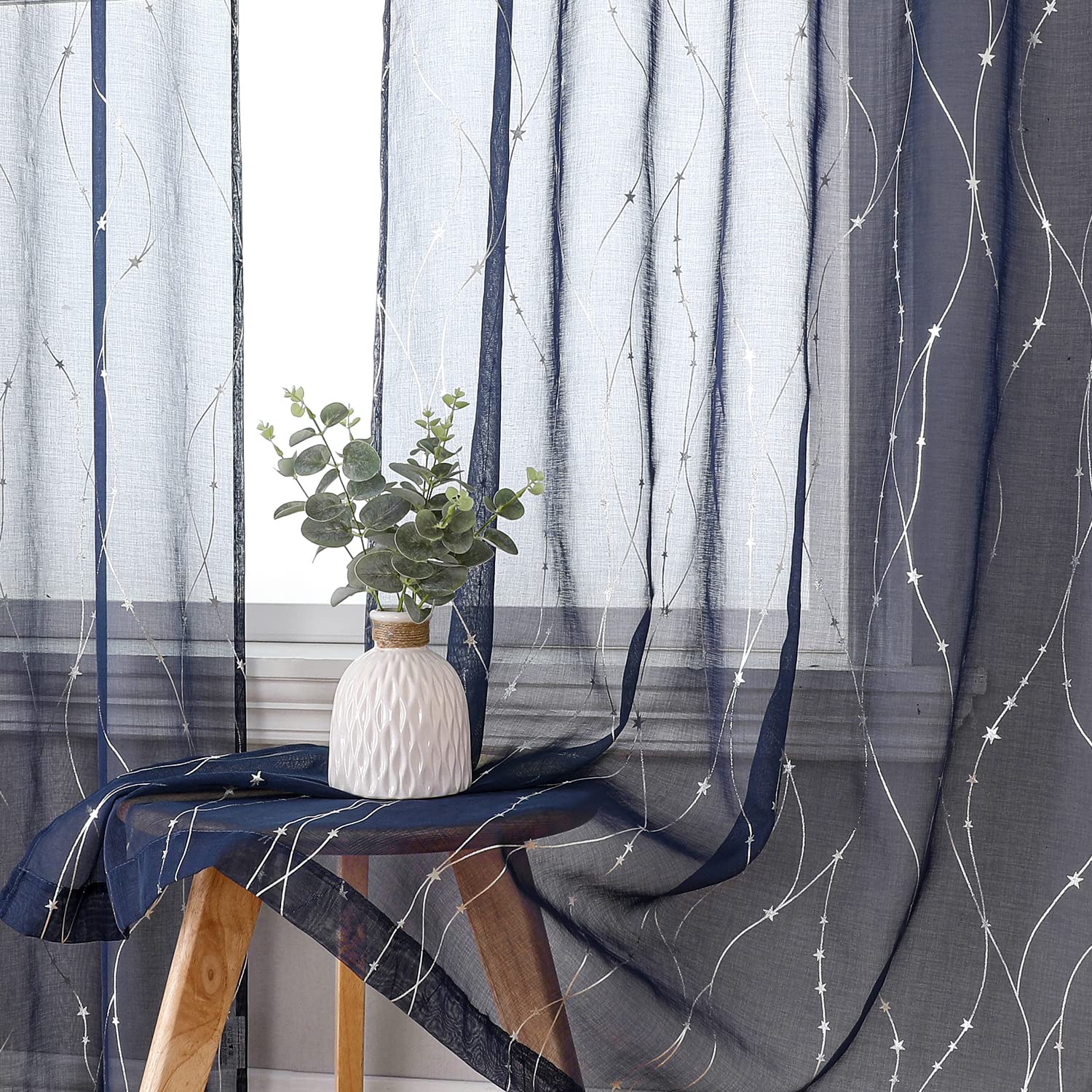 SMILE WEAVER Navy Sheer Curtains for Living Room 84 Inch Long,Rod Pocket Light Filtering Curtain-Lightweight Voile Transparent Semi Sheer Window
