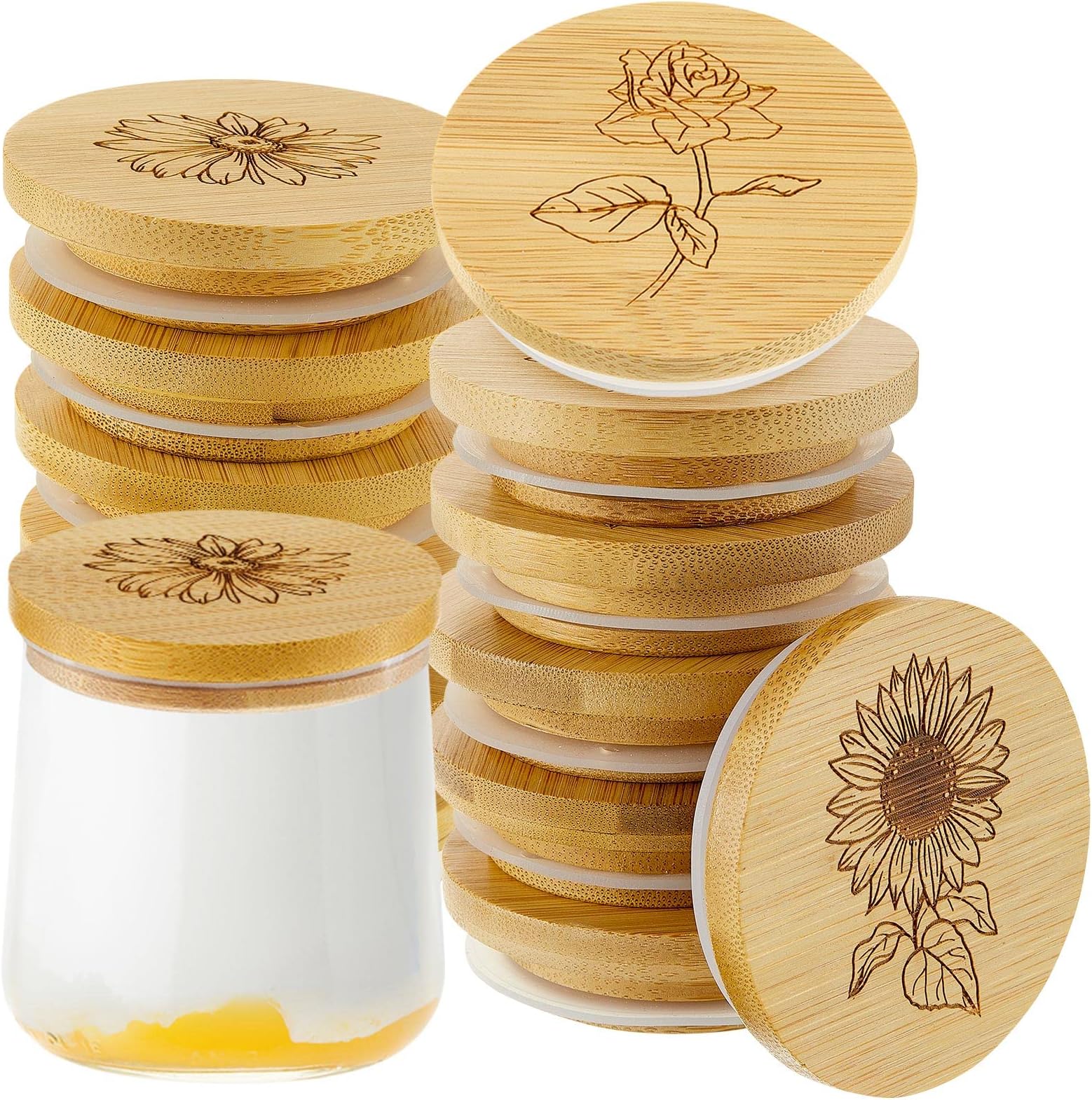 BERLYUE Yogurt Jar Lids Set Reusable Bamboo Wooden Lids