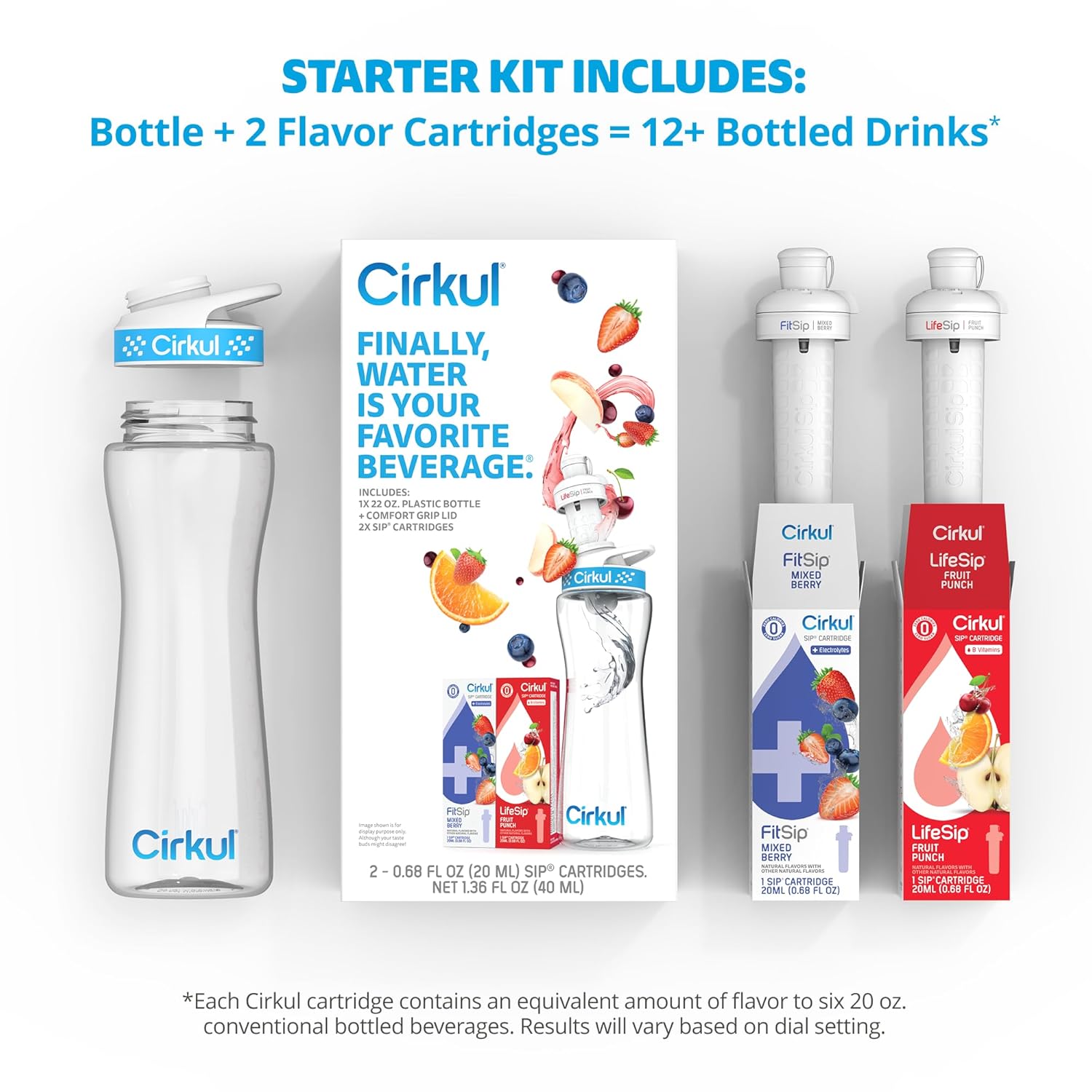 Cirkul 22oz. BPA-Free Plastic Water Bottle Starter Kit with Blue Lid, 2 Flavor Cartridges (1 LifeSip Fruit Punch, 1 FitSip Mixed Berry) No Sugar, Zero Calorie Drink Mix - Image 2