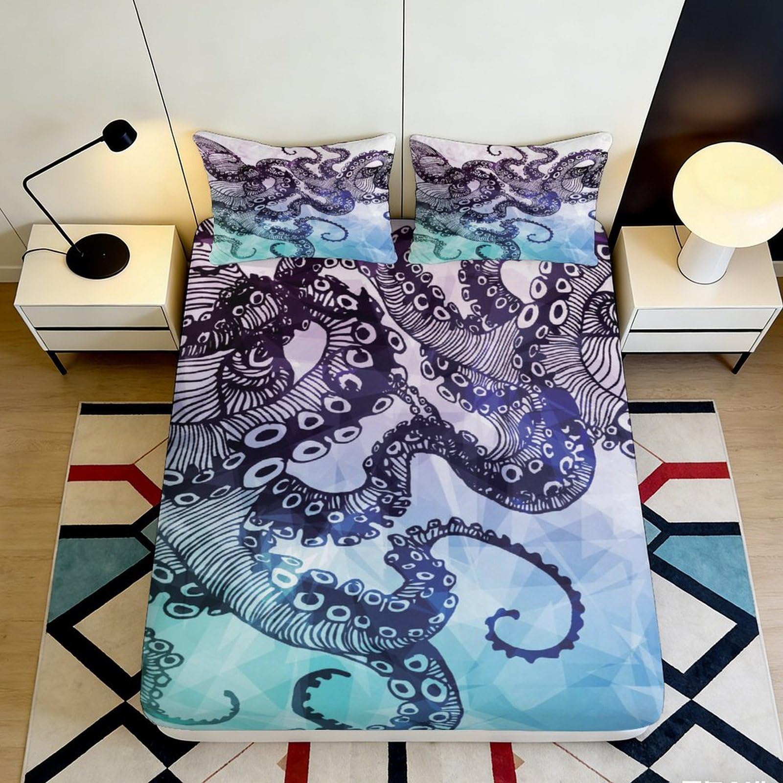 3D Printed Ocean Octopus Fitted Sheet Microfiber Non-Slip Deep Pocket Ocean Octopus Mattress Fitted Cover Bedroom Bedding 120x200x25cm