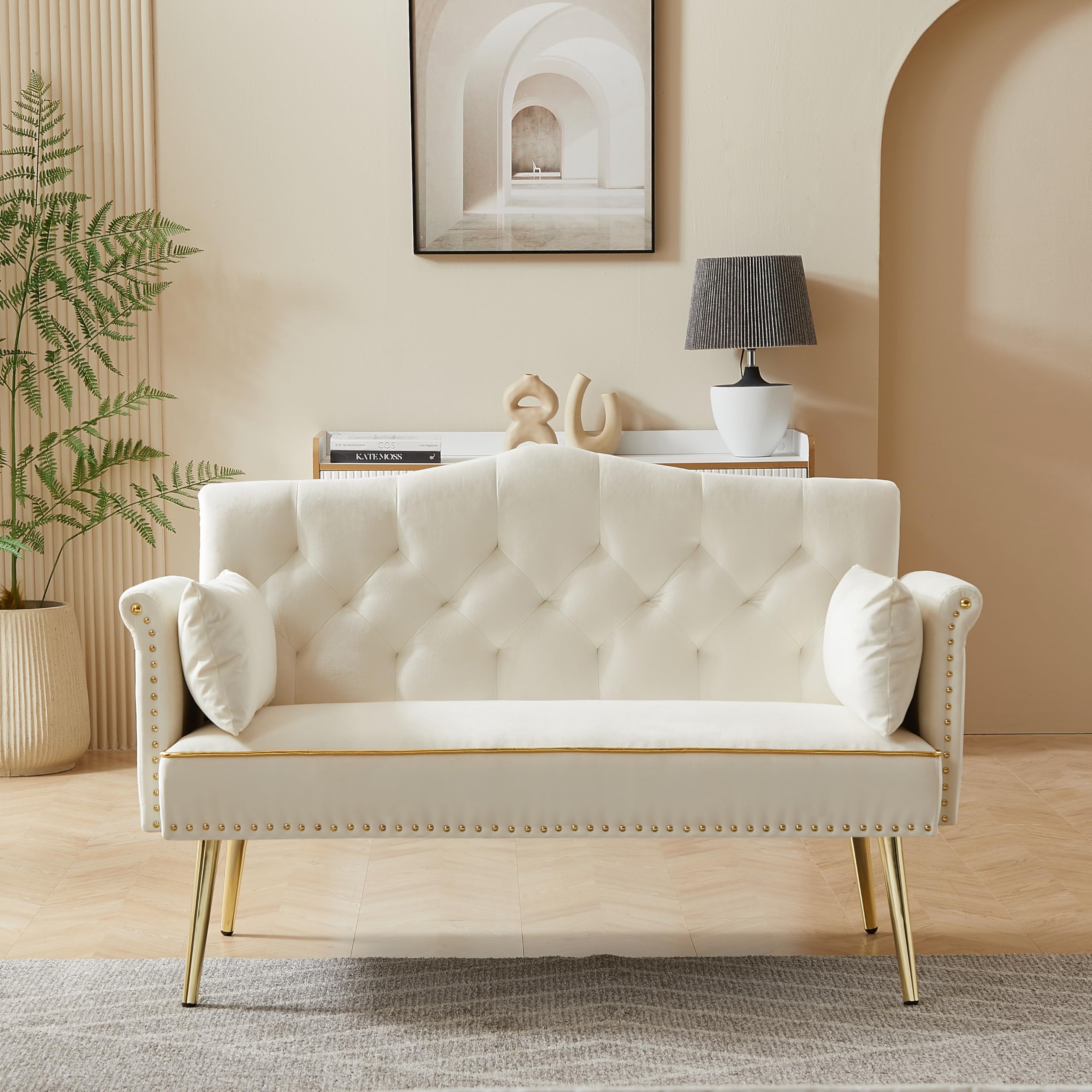hansones 55-Inch Modern Velvet Loveseat Sofa with Gold Metal Legs & Side Pockets, Tufted Backrest, Perfect for Living Room, Bedroom, or Office (Modern