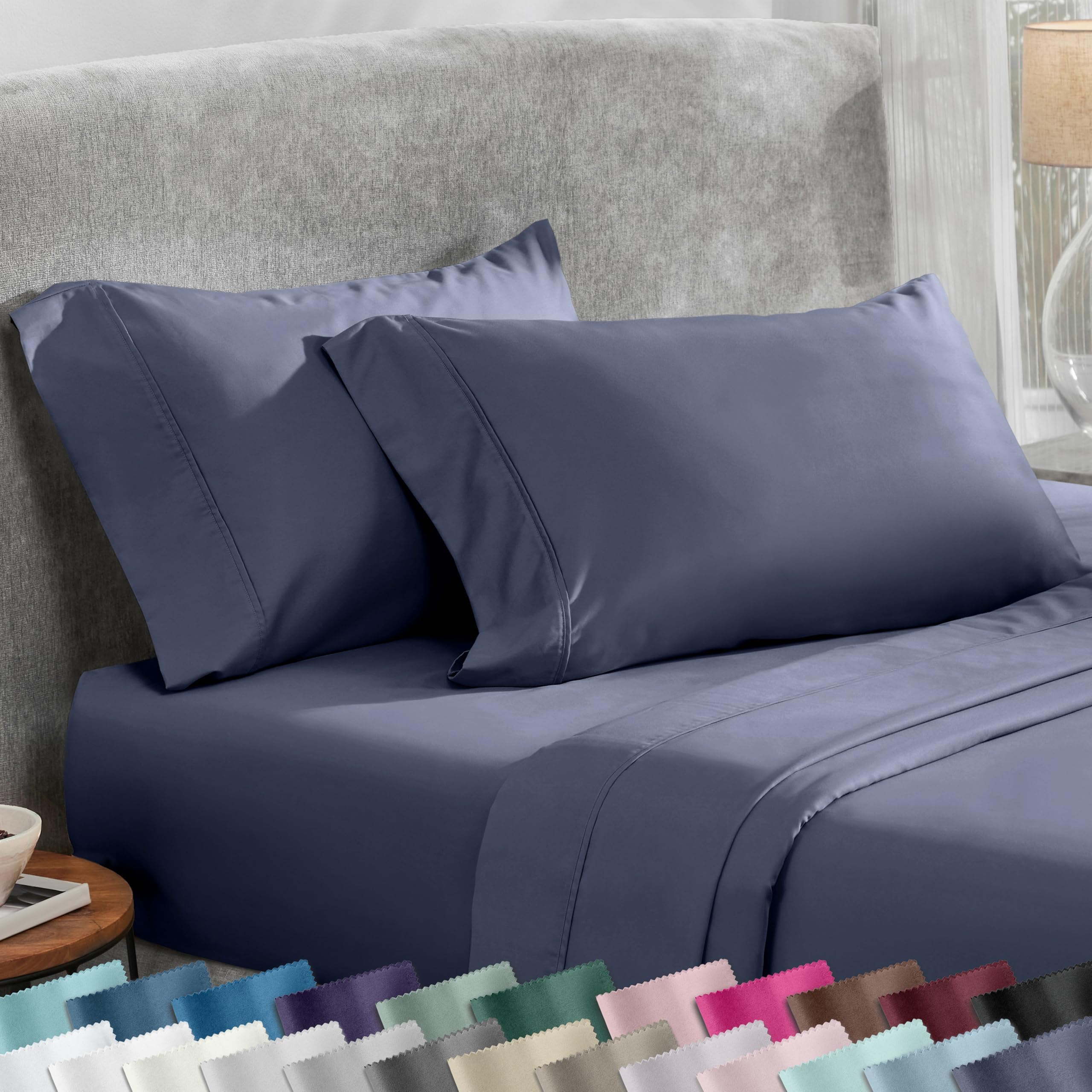 Standard Queen Size Pillowcase Set - 400 Thread Count, 100% Cotton Sateen, Set of 2 Pillow Covers, Soft and Breathable - Indigo Dusty Blue