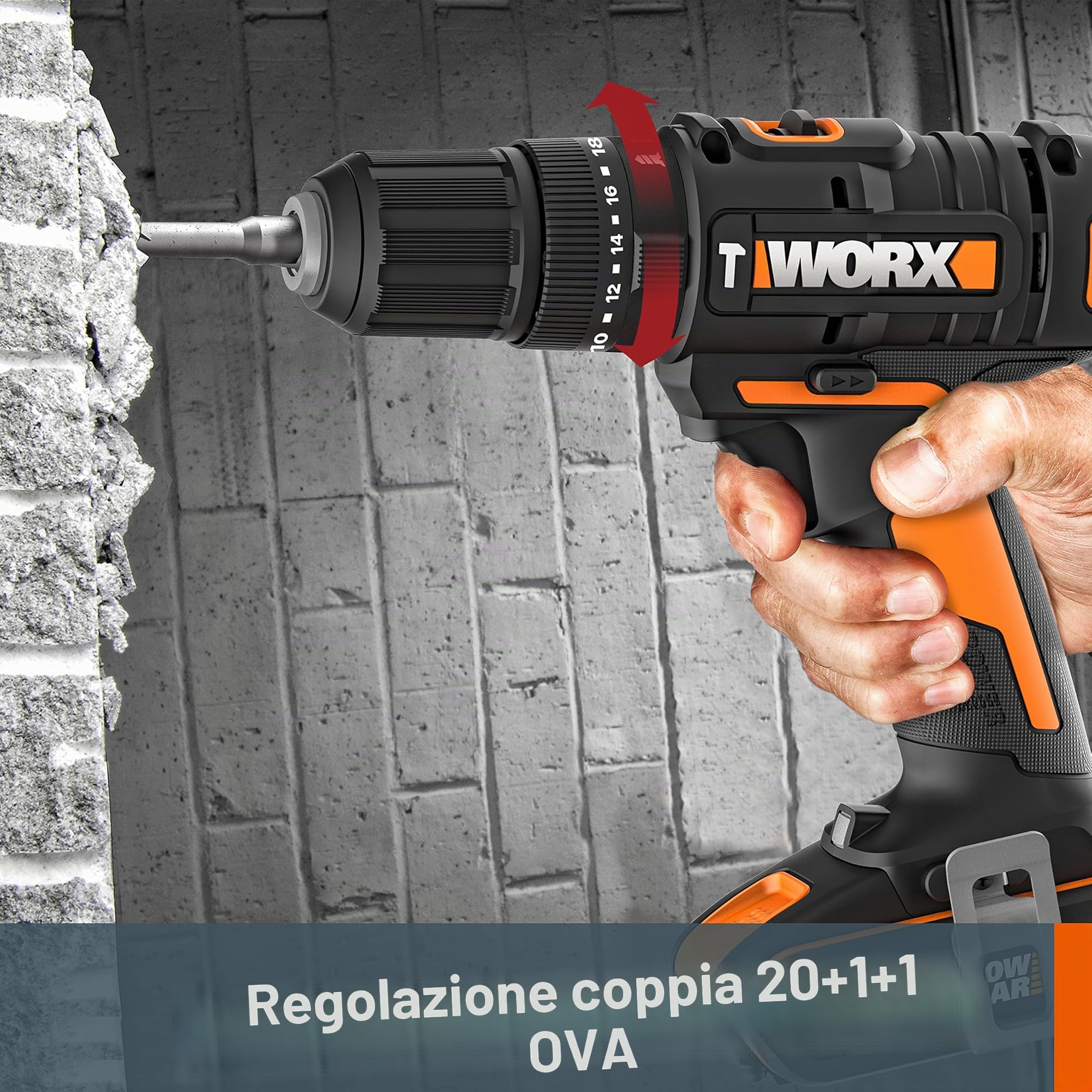 WORX Trapano avvitatore a percussione senza fili 18/20 V WX370, PowerShare, 50 Nm, 2 x 2,0 Ah, 30 punte, 2 vel. var., mandrino 13 mm
