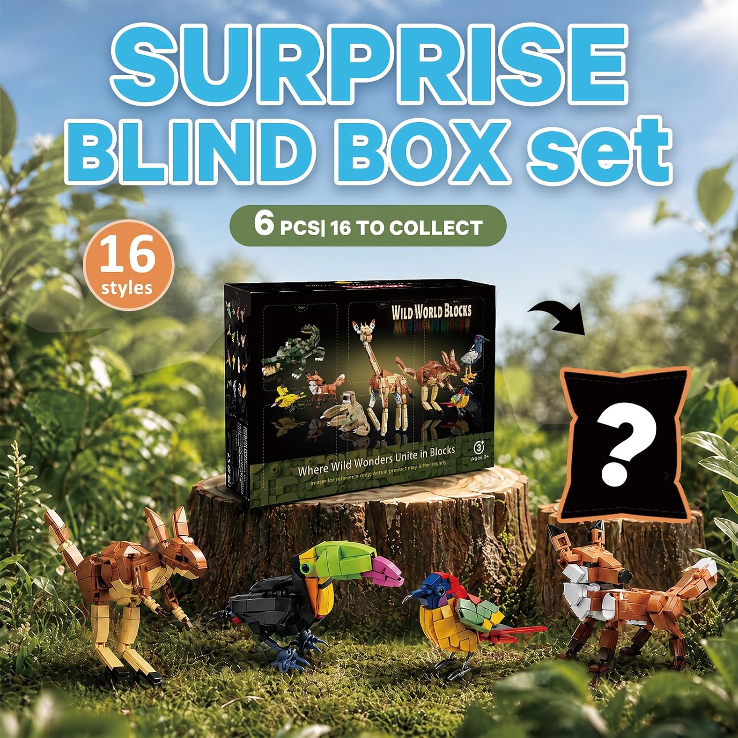 Forest Animals Building Blocks Blind Box, 6 Random Sets from 16 Animal Styles, Animal Toys with Giraffe, Wolf, Lion, Fox, Sloth, Kangaroo and Birds, STEM Educational Bricks Kit, Ideal Gift for Kids 8+