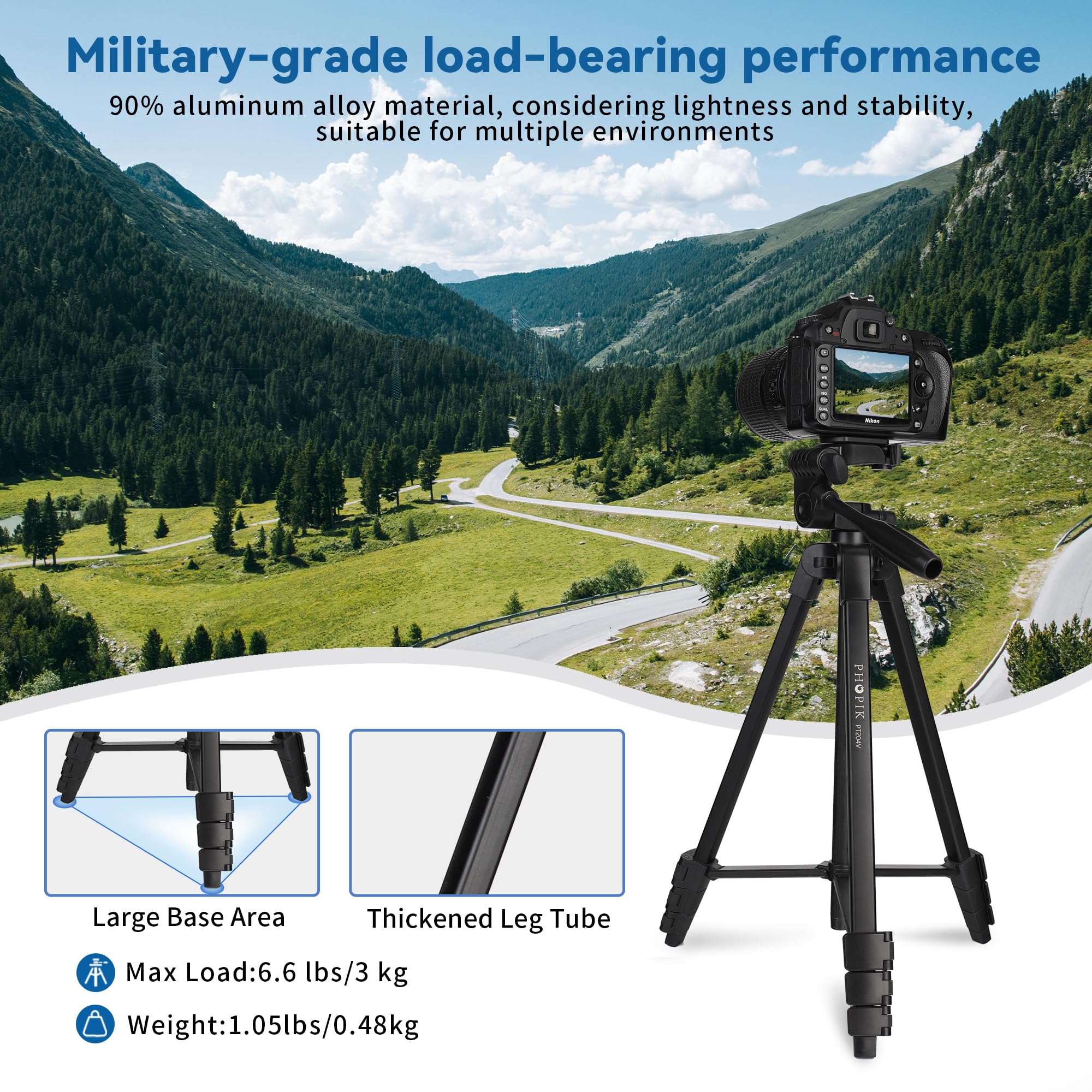 55" Phone Tripod, PHOPIK Aluminum Extendable Tripod Stand with Shutter, Carrying Bag, Compatible with iPhone/Android/Sport Camera&Insta 360 x5 Perfect for Video Recording/Selfies/Live Stream/Vlogging — Amazon image 6
