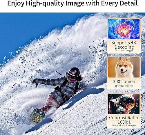 Miniatura 6 de Mini proyector 4K compatible con WiFi 6 y Bluetooth 5.0, altavoz de 4 W, Keystone vertical automático proyector portátil giratorio de 45 para el